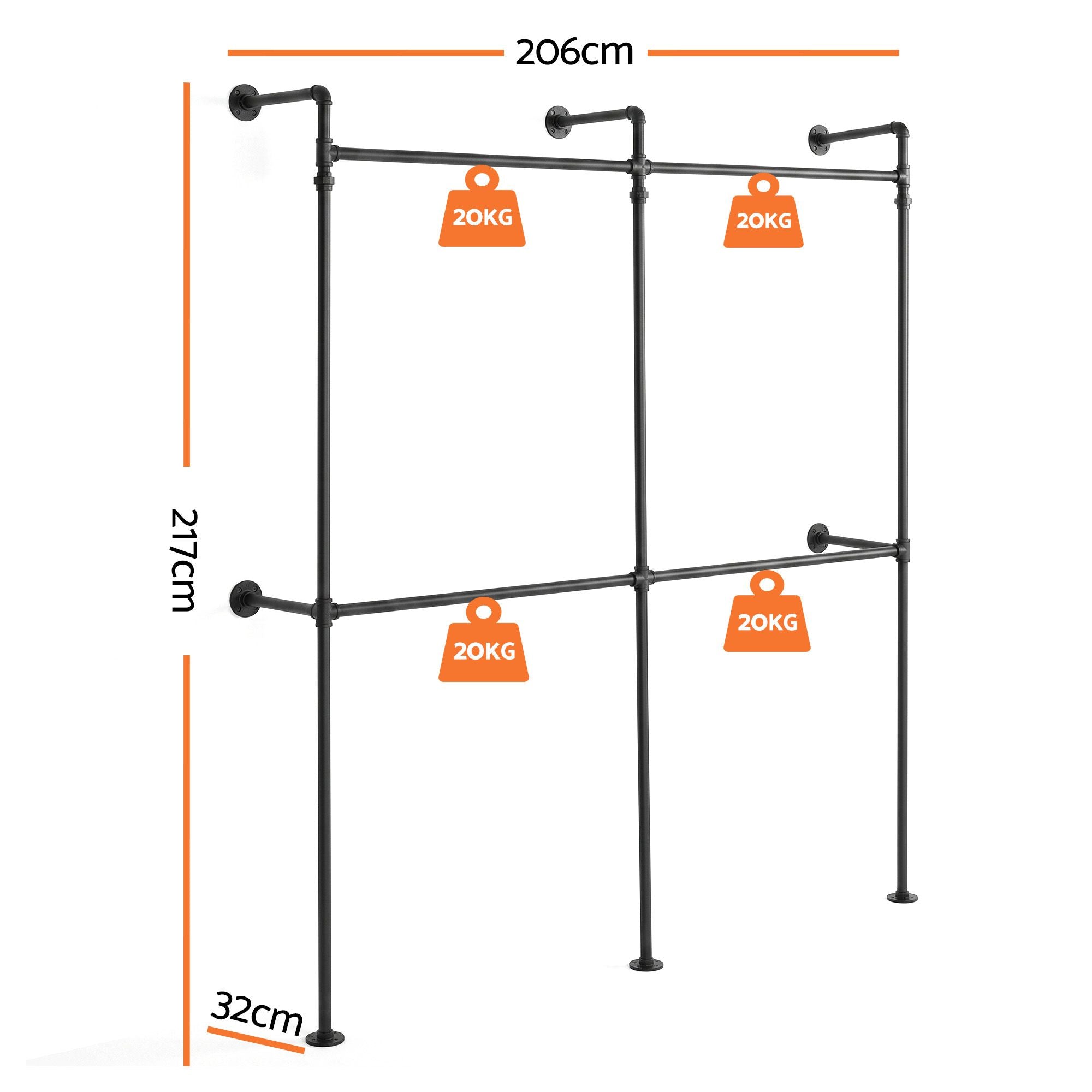 Artiss Industrial Pipe Clothing Rack Garment Clothes Display Stand Wall Mounted Bedworld
