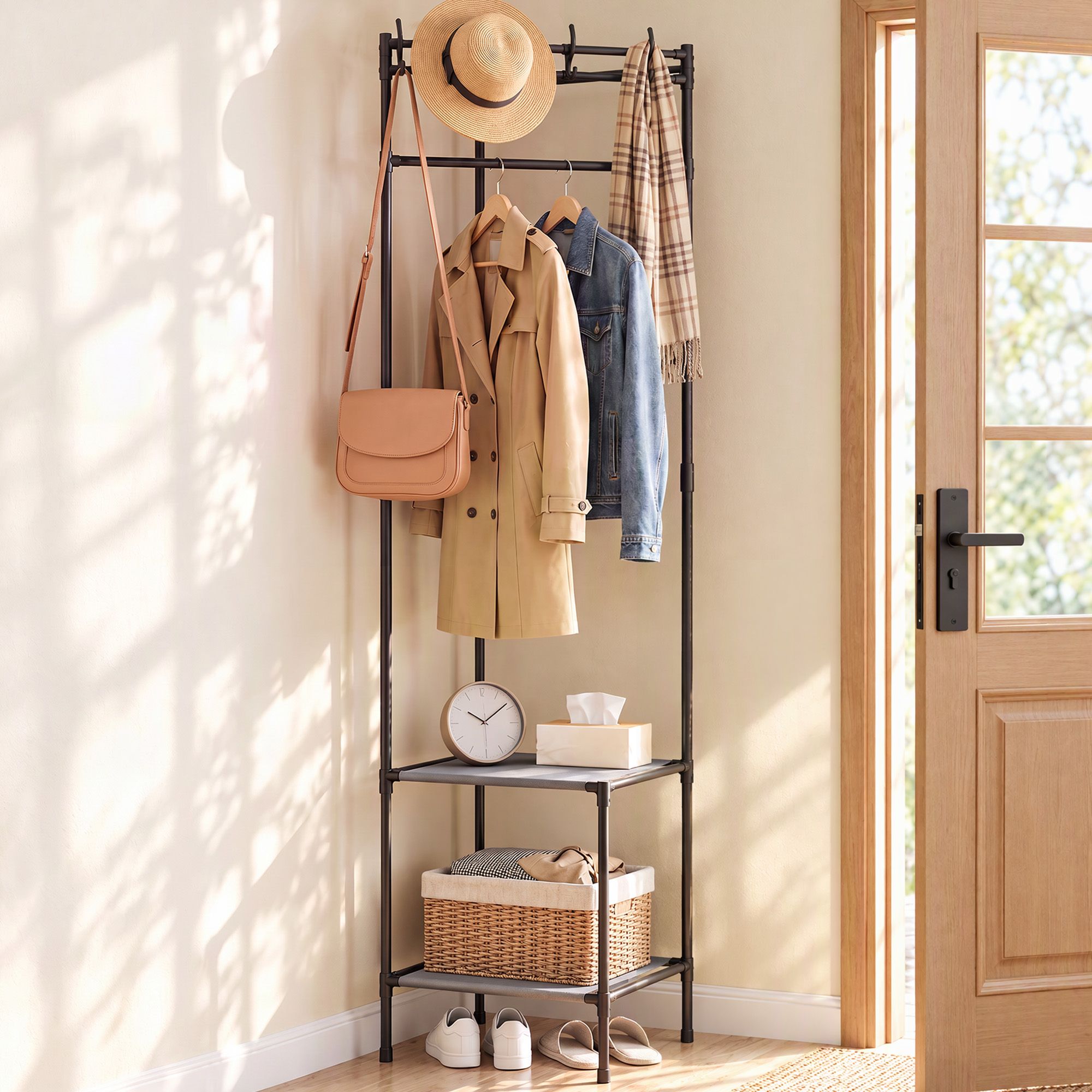 Artiss Coat Rack 181cm Freestanding Corner Hall Tree Garment Organiser Storage Shelf 8 Hooks Black Bedworld