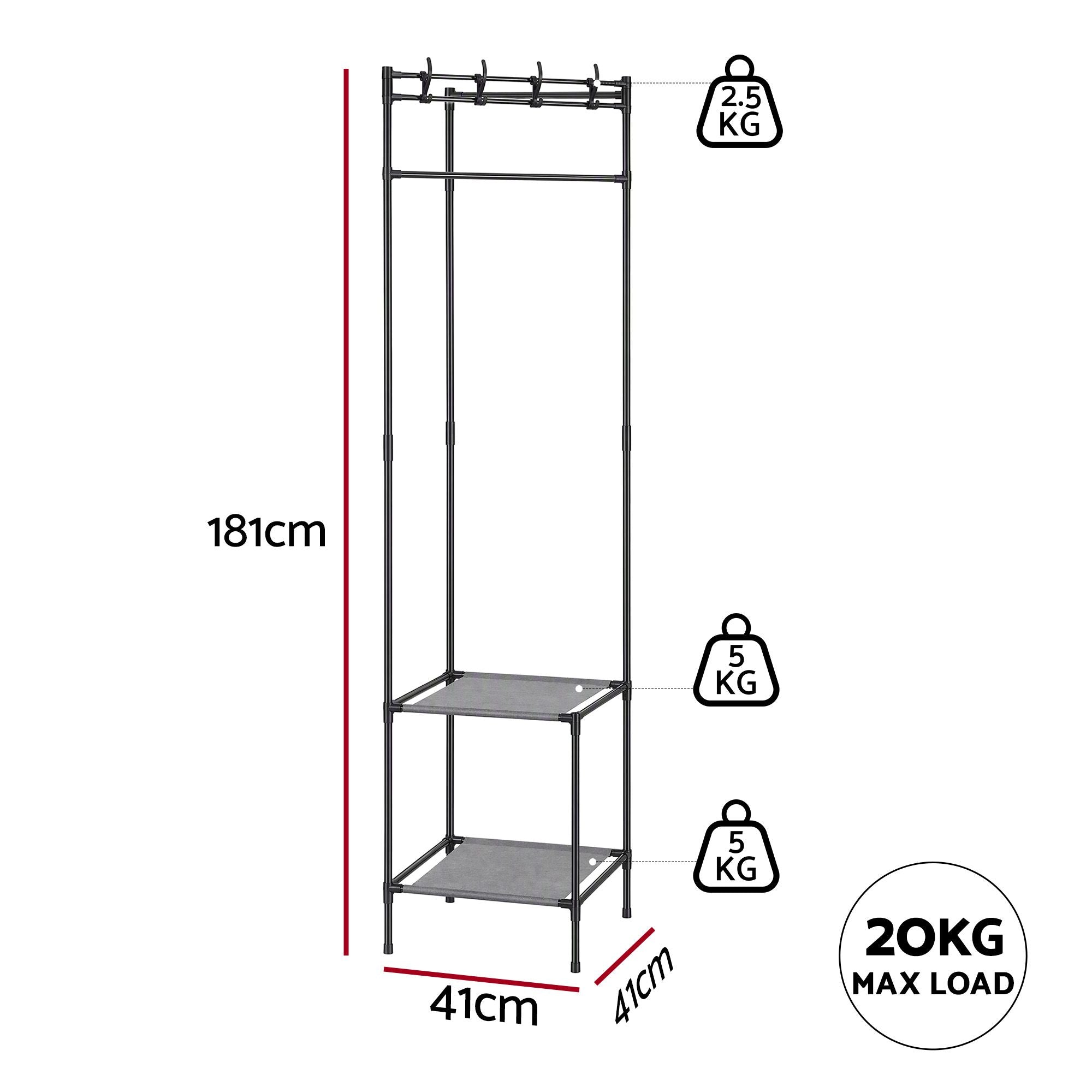 Artiss Coat Rack 181cm Freestanding Corner Hall Tree Garment Organiser Storage Shelf 8 Hooks Black Bedworld