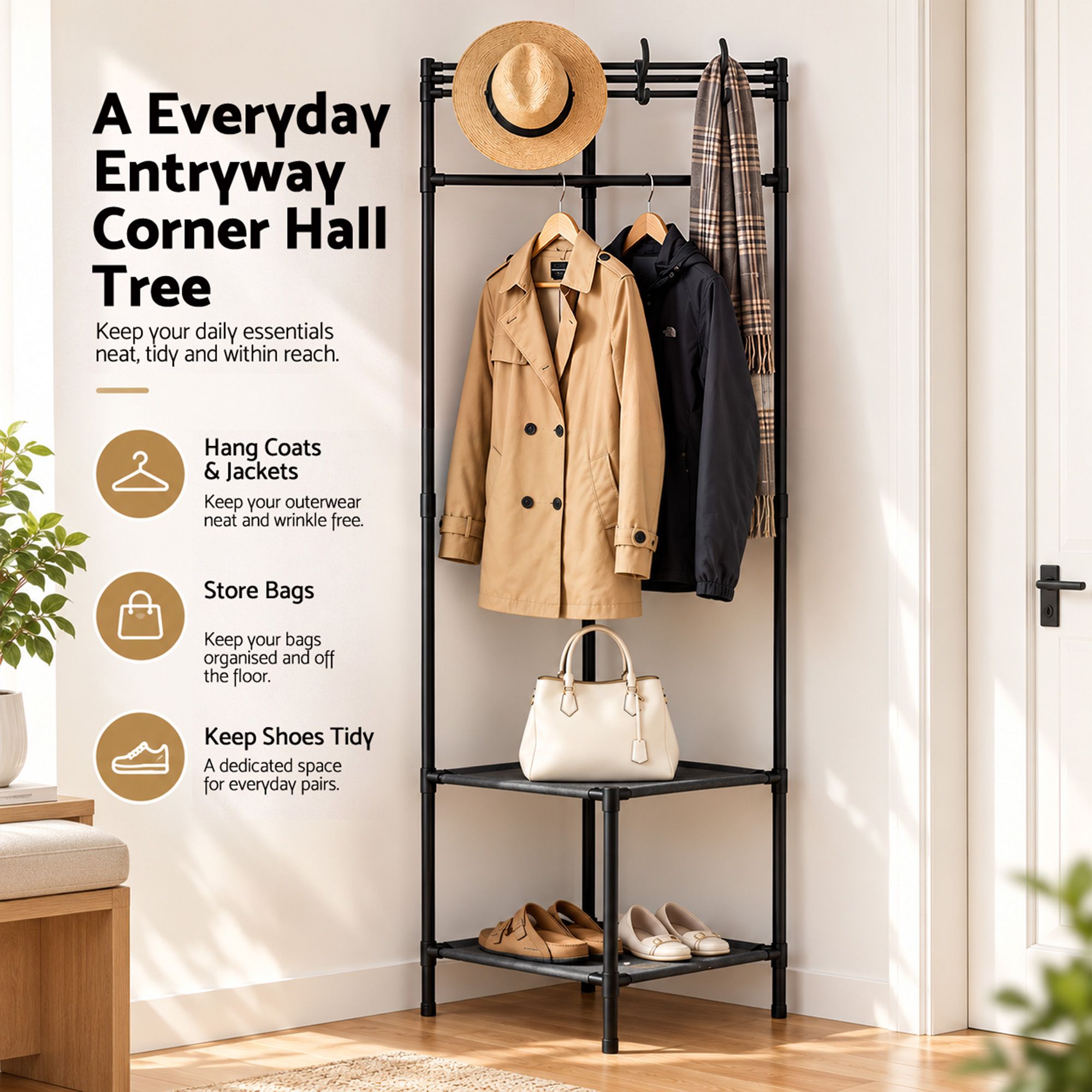 Artiss Coat Rack 181cm Freestanding Corner Hall Tree Garment Organiser Storage Shelf 8 Hooks Black Bedworld