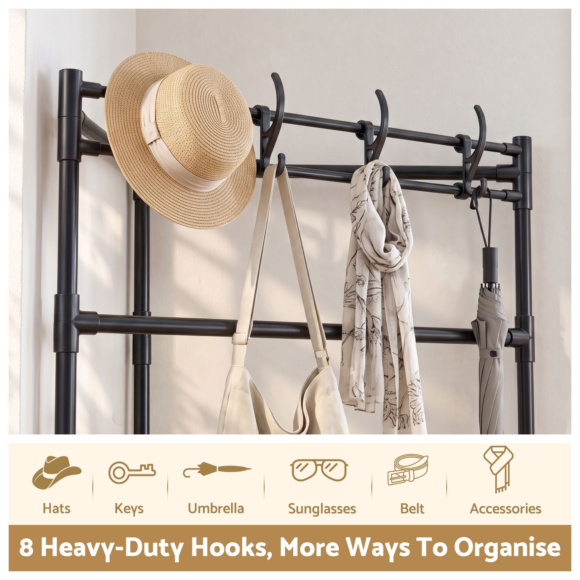 Artiss Coat Rack 181cm Freestanding Corner Hall Tree Garment Organiser Storage Shelf 8 Hooks Black Bedworld
