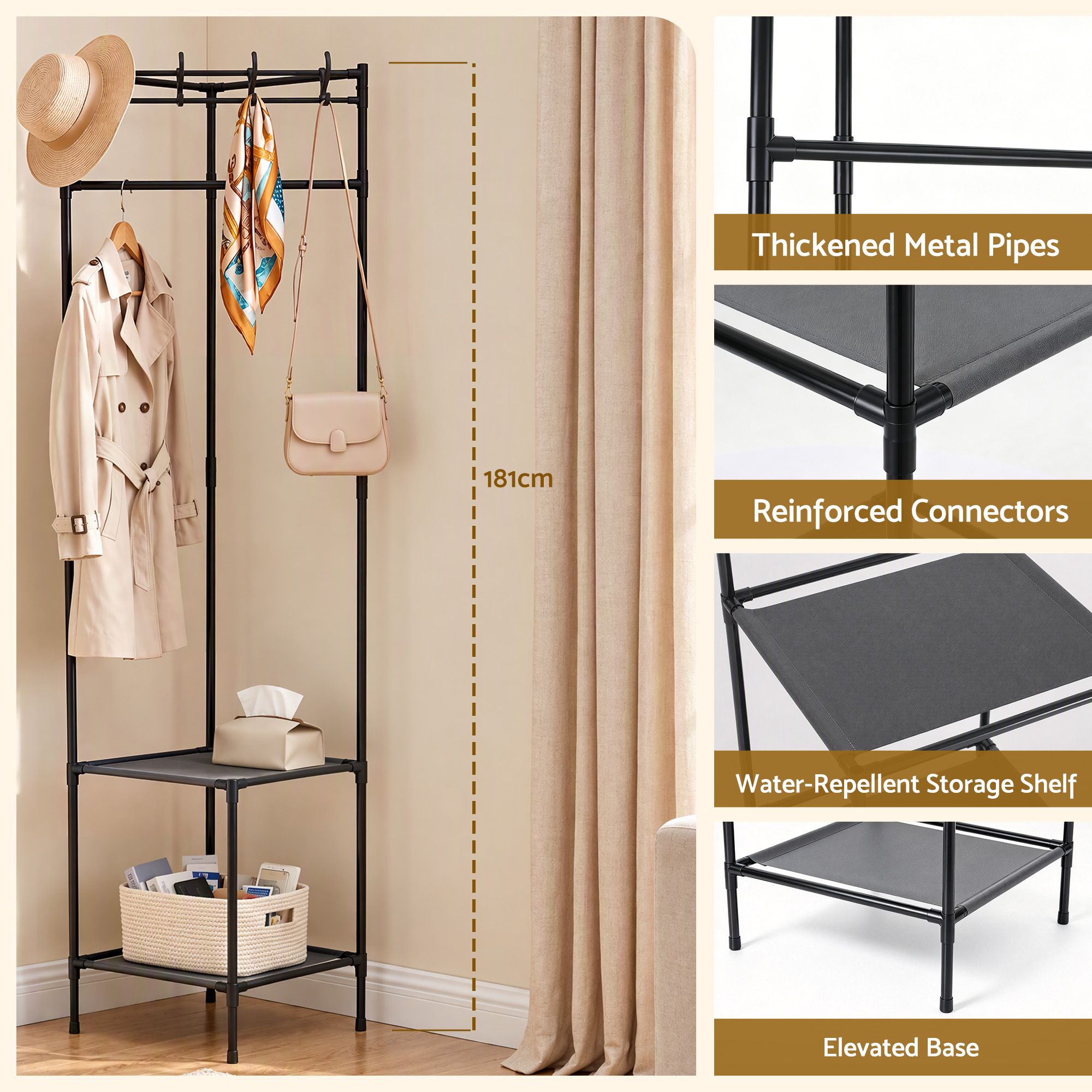 Artiss Coat Rack 181cm Freestanding Corner Hall Tree Garment Organiser Storage Shelf 8 Hooks Black Bedworld