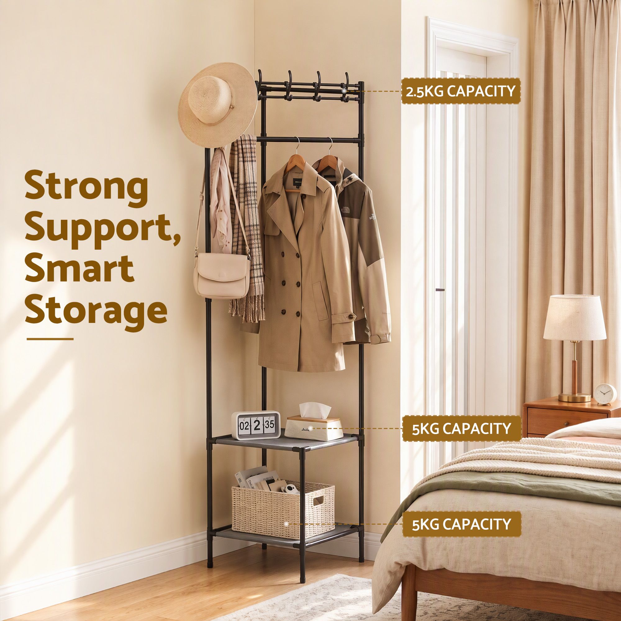 Artiss Coat Rack 181cm Freestanding Corner Hall Tree Garment Organiser Storage Shelf 8 Hooks Black Bedworld