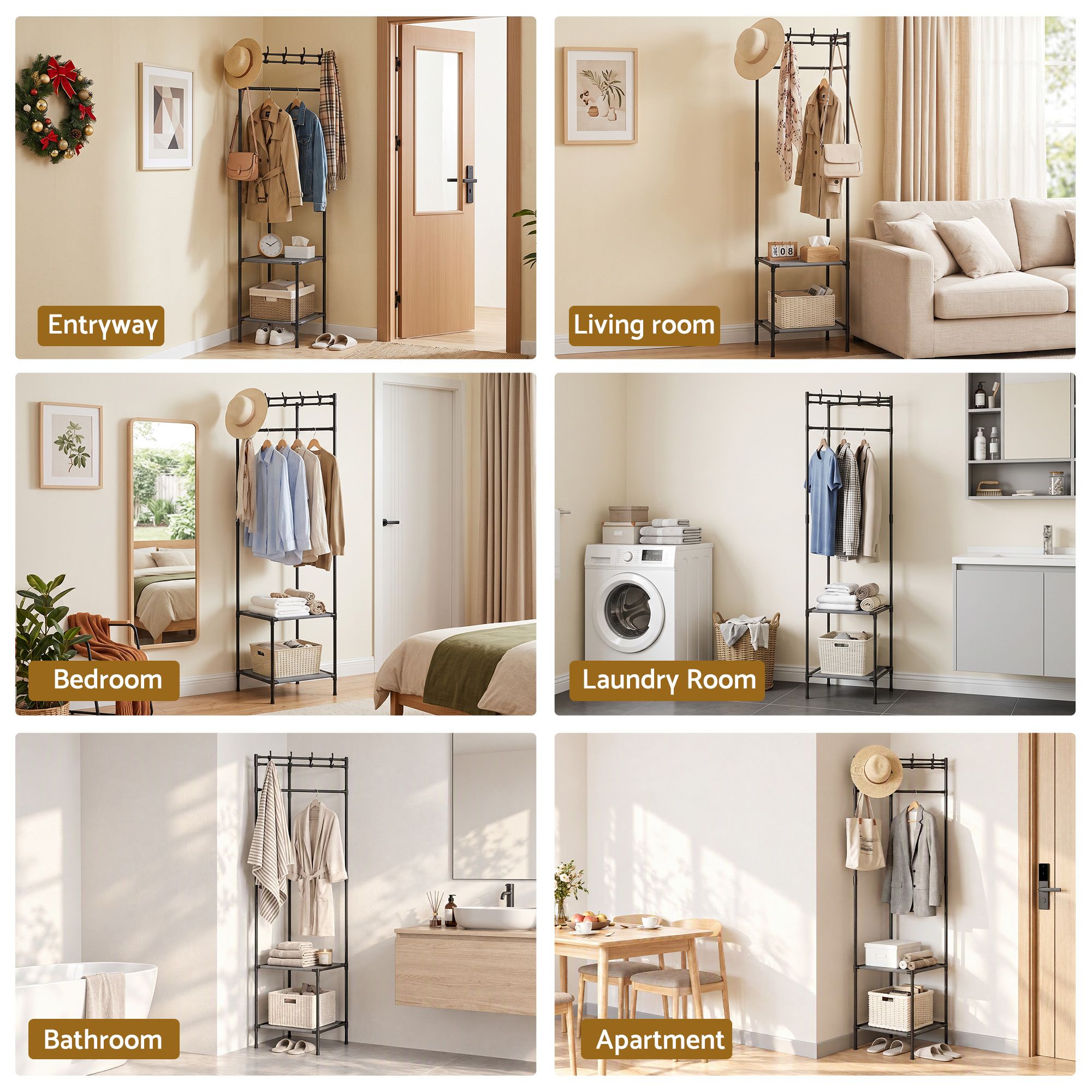 Artiss Coat Rack 181cm Freestanding Corner Hall Tree Garment Organiser Storage Shelf 8 Hooks Black Bedworld