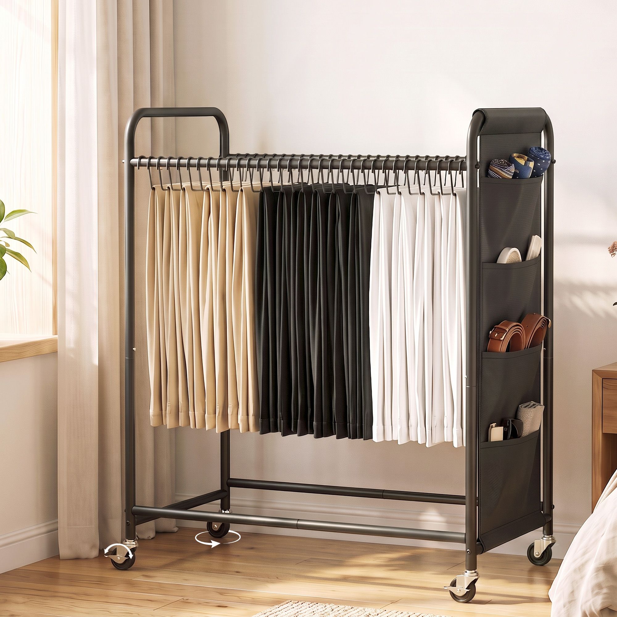 Artiss Pants Trolley Mobile Clothes Rack Clothing Stand with 30 Hangers Wheels Storage Organizer Bag Bedworld
