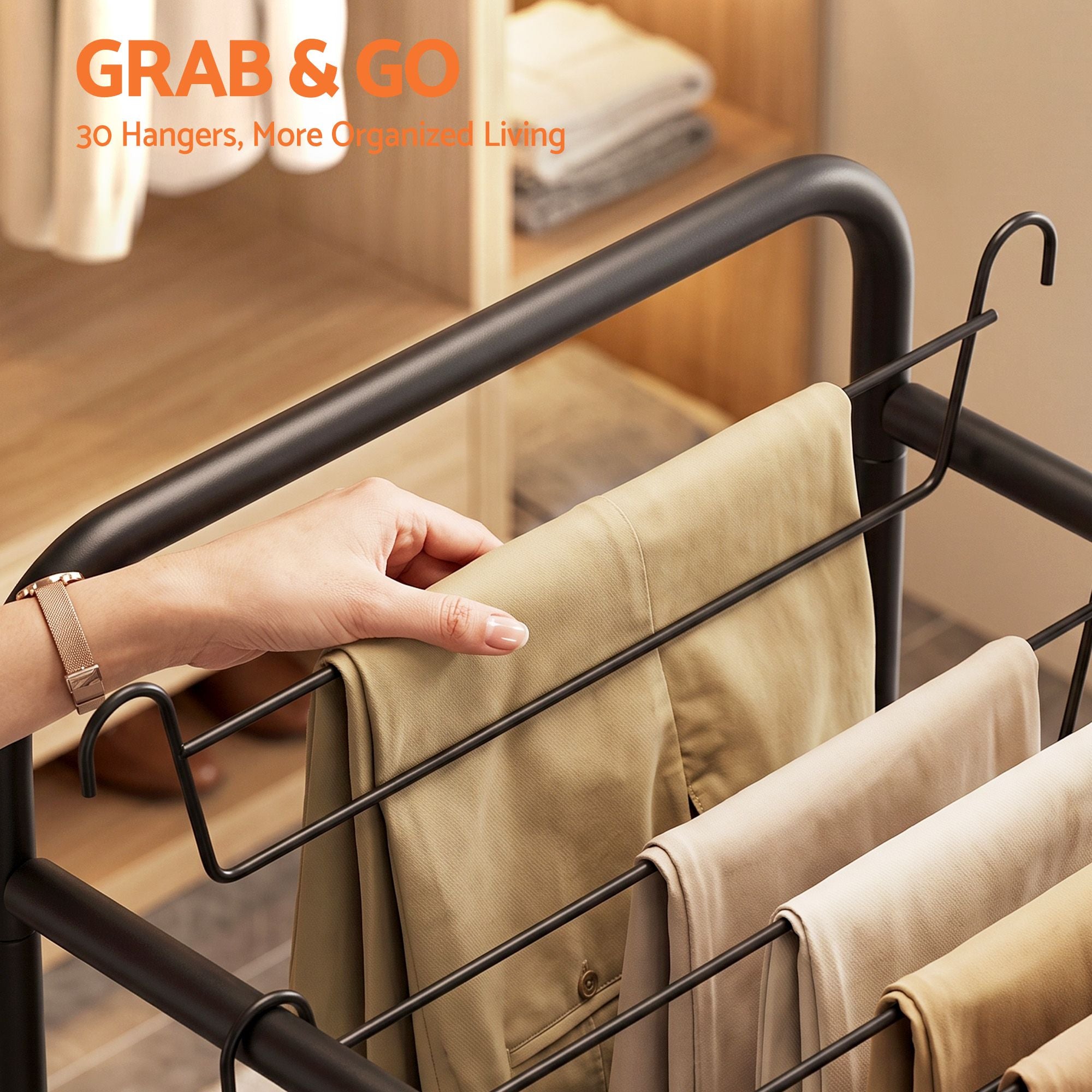 Artiss Pants Trolley Mobile Clothes Rack Clothing Stand with 30 Hangers Wheels Storage Organizer Bag Bedworld