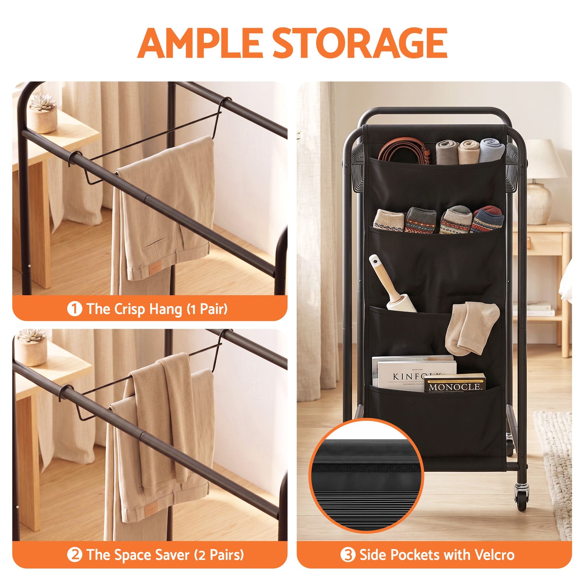 Artiss Pants Trolley Mobile Clothes Rack Clothing Stand with 30 Hangers Wheels Storage Organizer Bag Bedworld