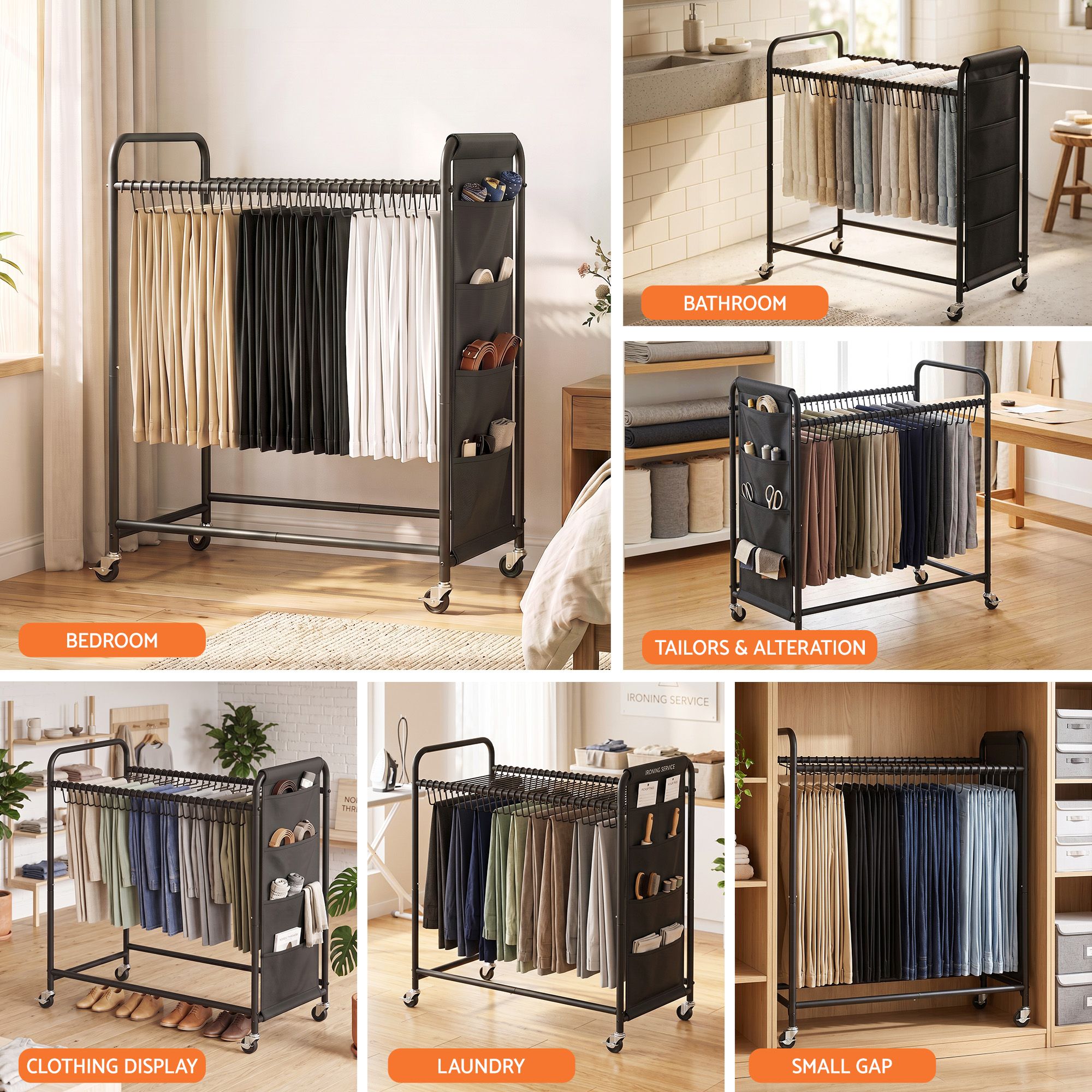 Artiss Pants Trolley Mobile Clothes Rack Clothing Stand with 30 Hangers Wheels Storage Organizer Bag Bedworld