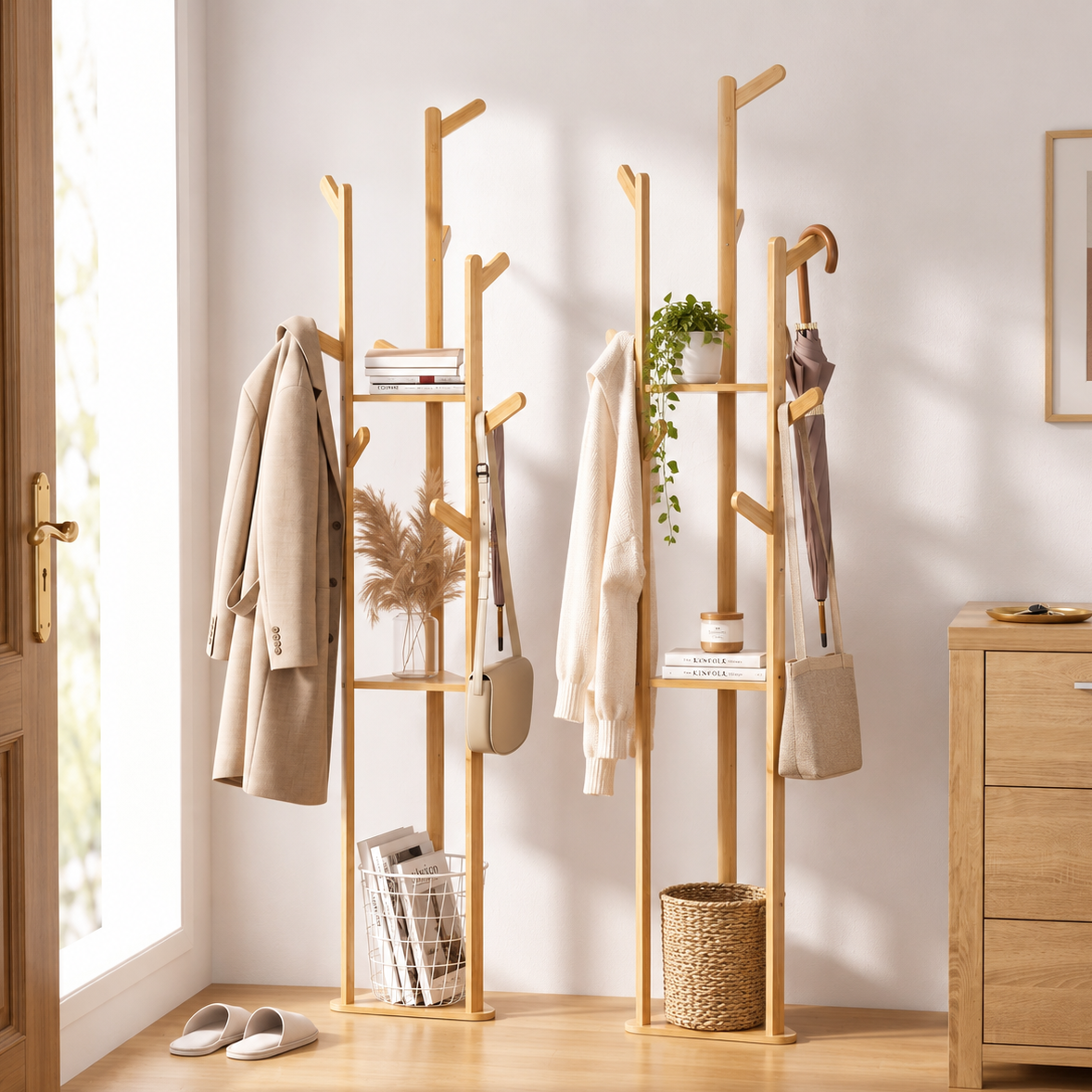 Artiss 2X Clothes Rack Airer Coat Stand 9 Hooks Bamboo Bedworld