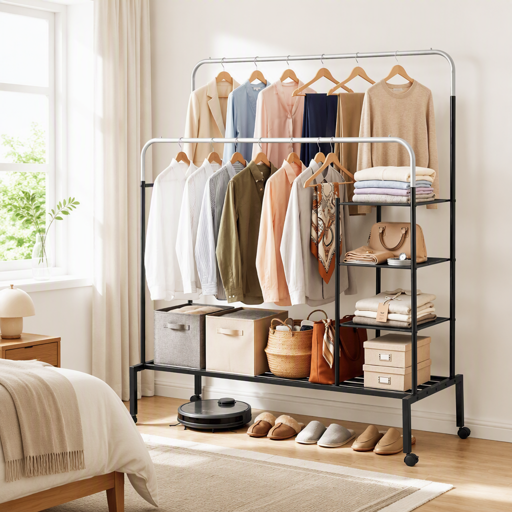 Artiss Double Rod Clothes Rack Coat Stand w/ Shelf Bedworld