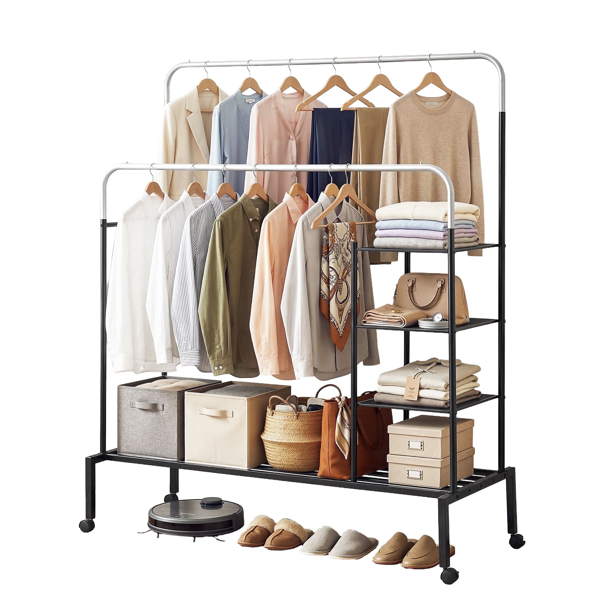 Artiss Double Rod Clothes Rack Coat Stand w/ Shelf Bedworld