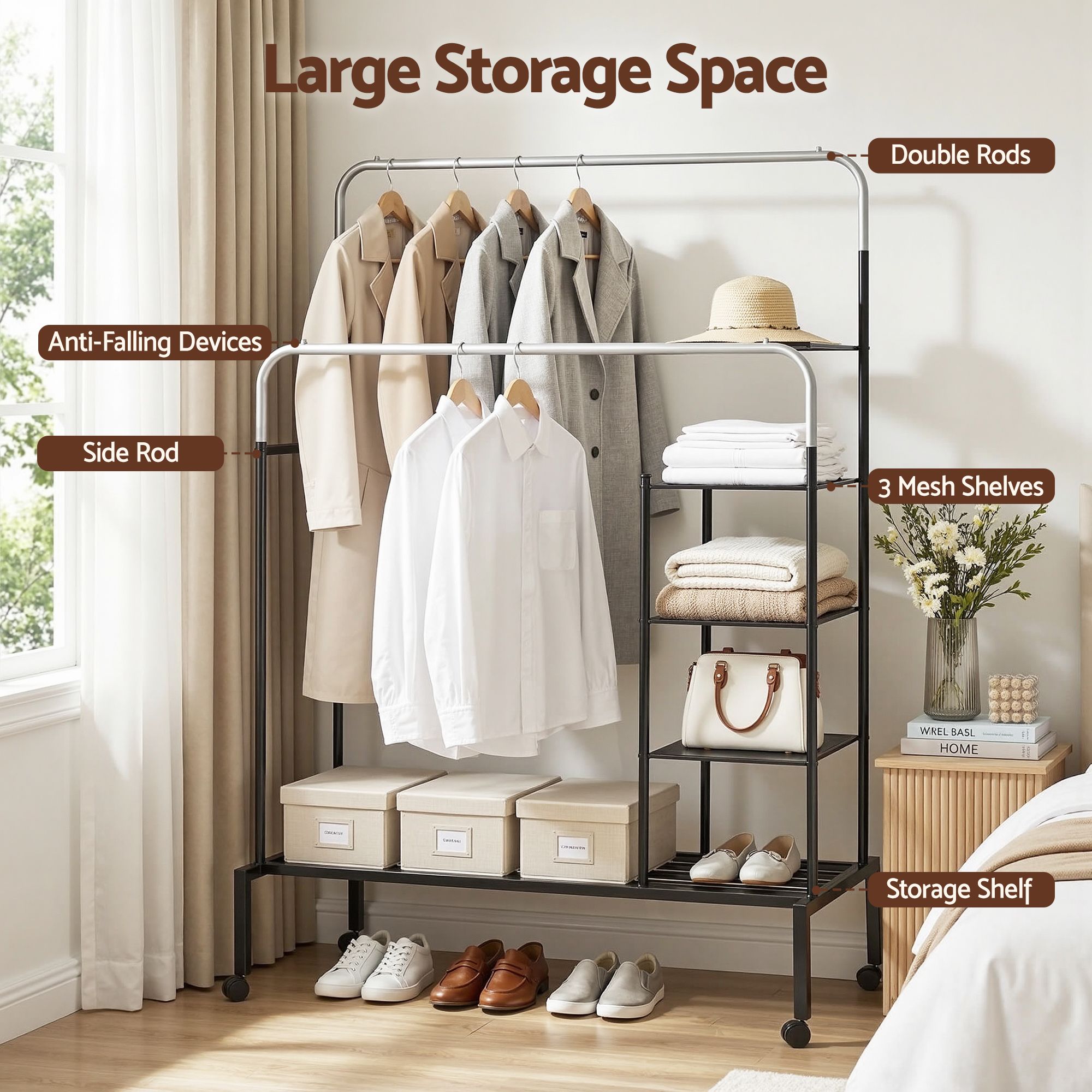 Artiss Double Rod Clothes Rack Coat Stand w/ Shelf Bedworld