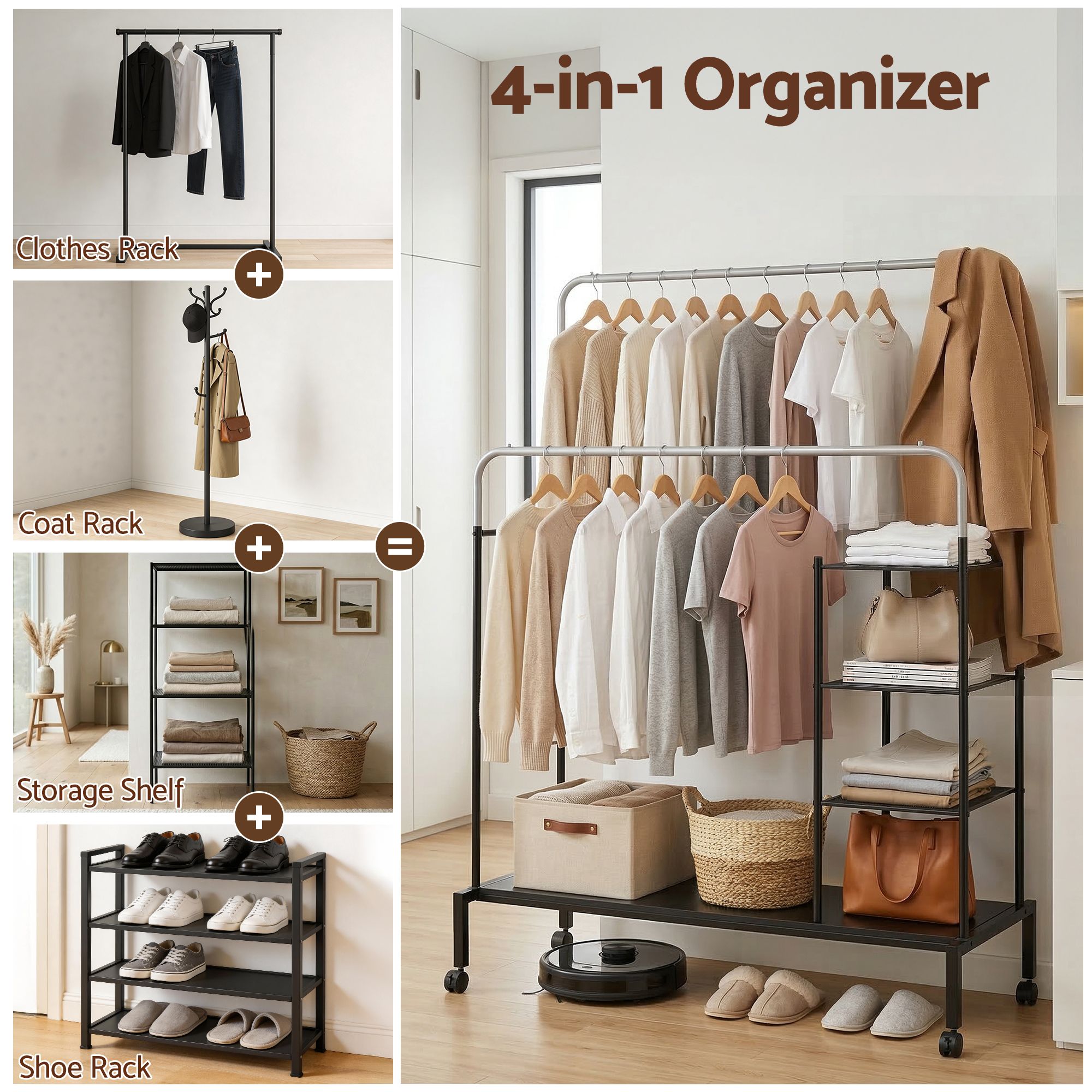 Artiss Double Rod Clothes Rack Coat Stand w/ Shelf Bedworld