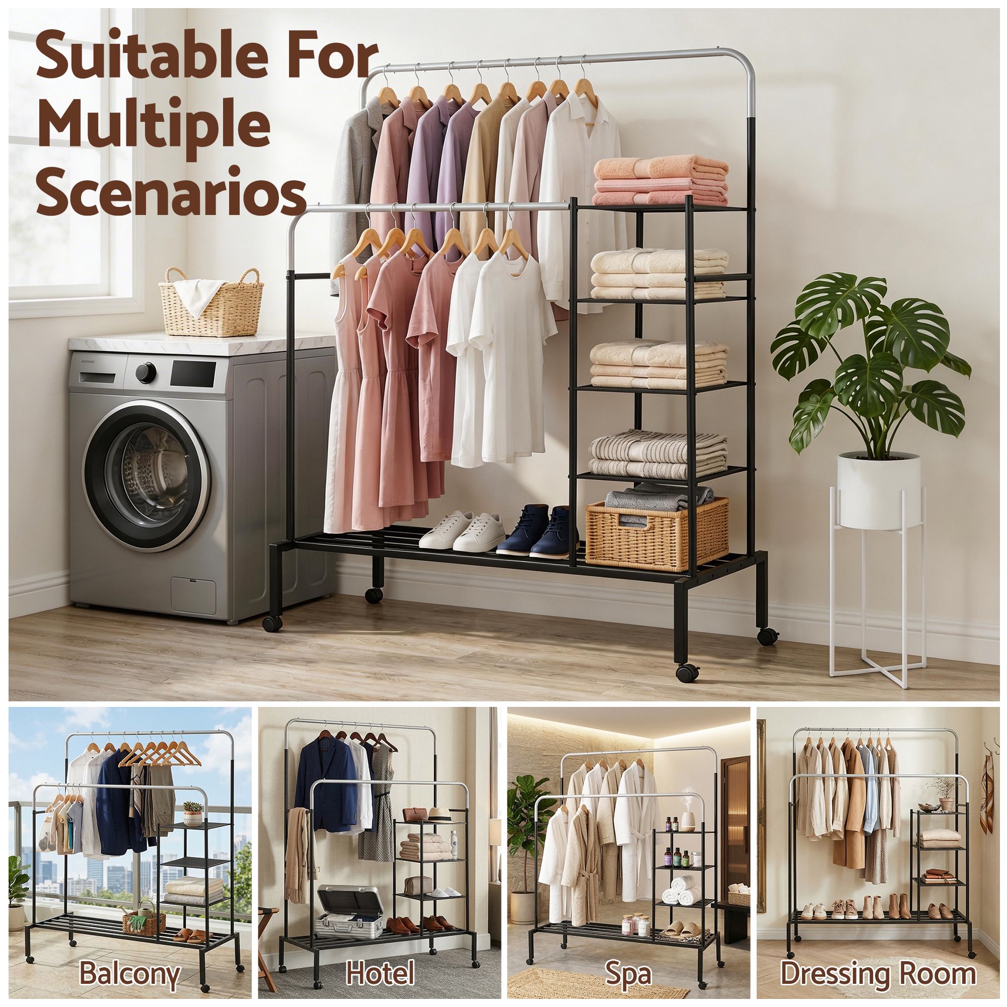 Artiss Double Rod Clothes Rack Coat Stand w/ Shelf Bedworld