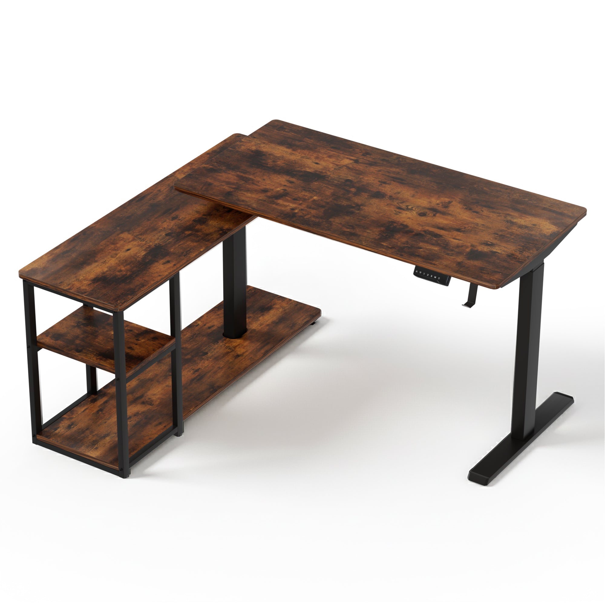 L-shaped electric standing desk with rustic brown tabletop and black frame, open storage shelf