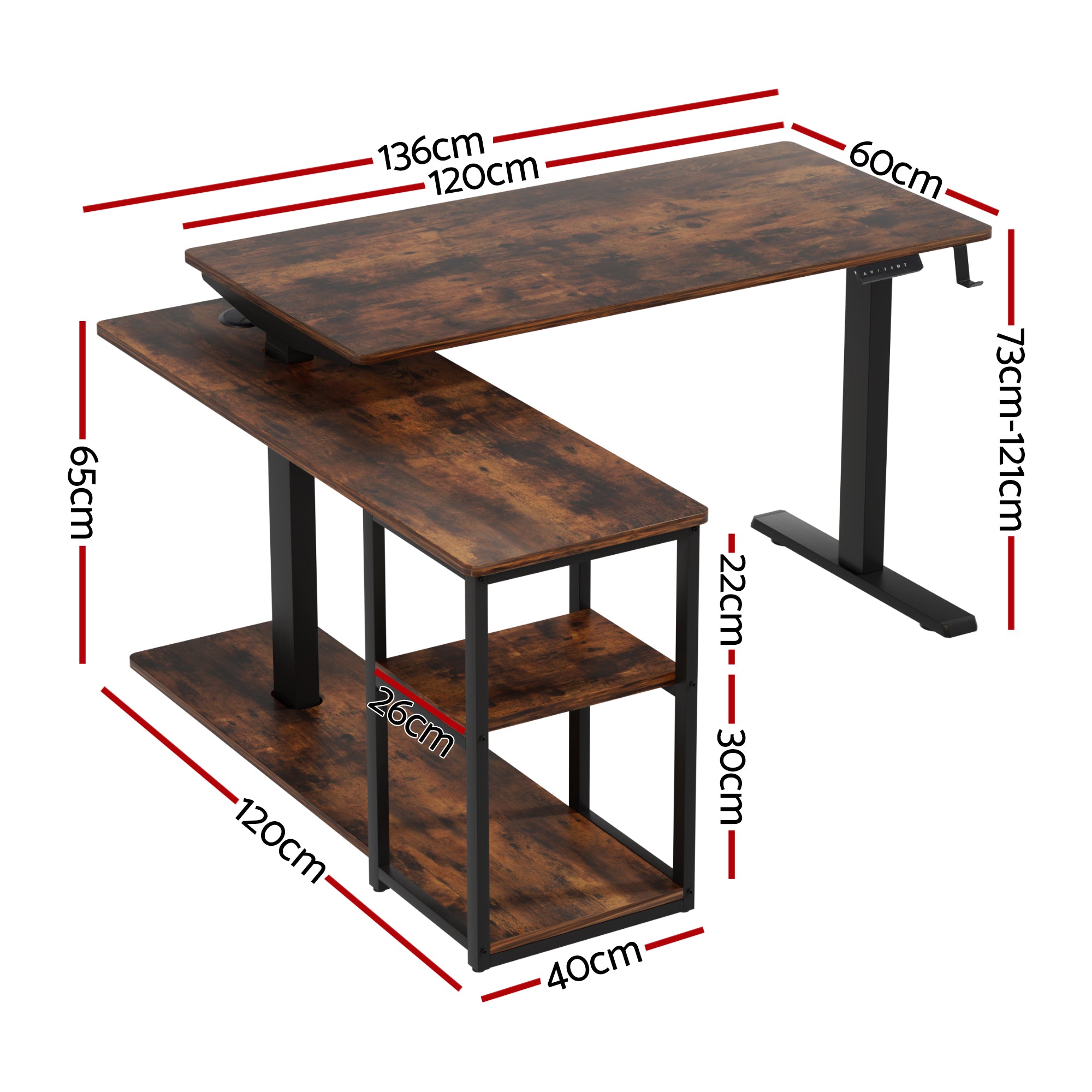 L-shaped electric standing desk in rustic brown with black legs and open shelf, shown with measurements