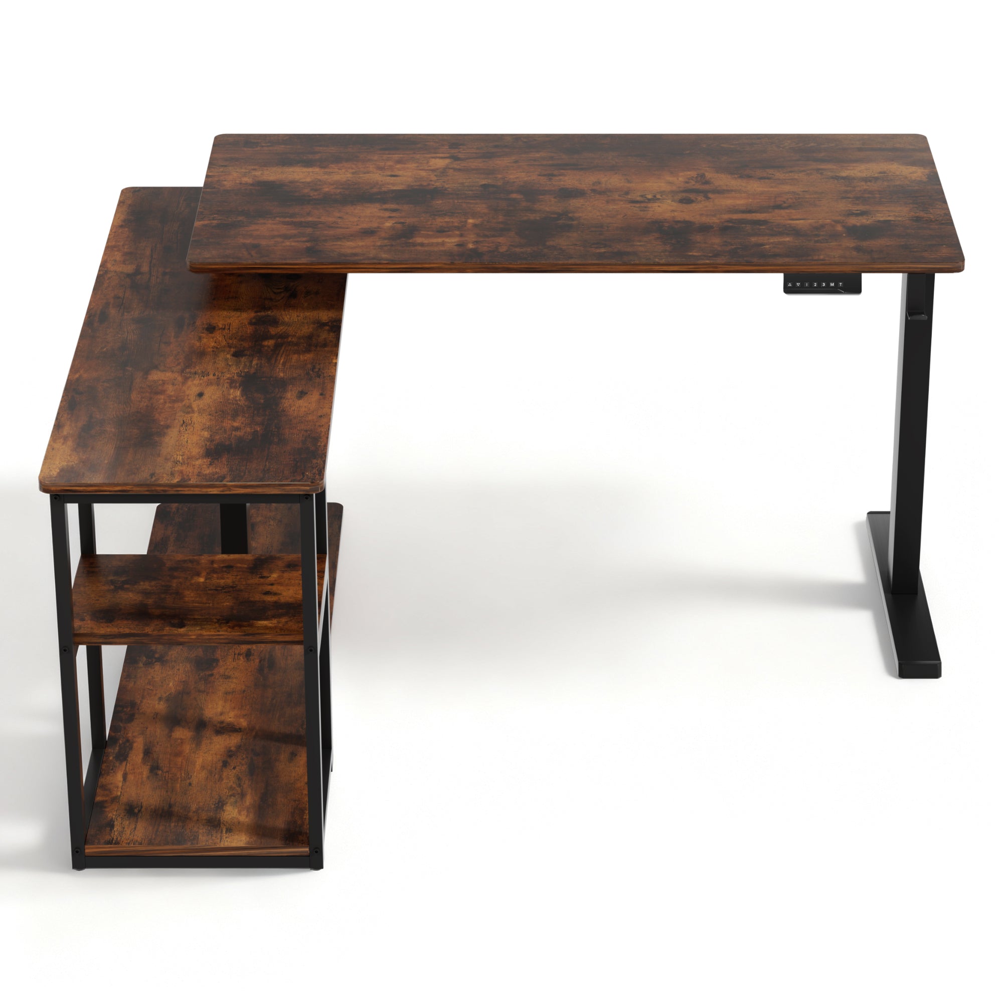 L-shaped electric standing desk with rustic brown desktop and built-in shelf, black lifting legs