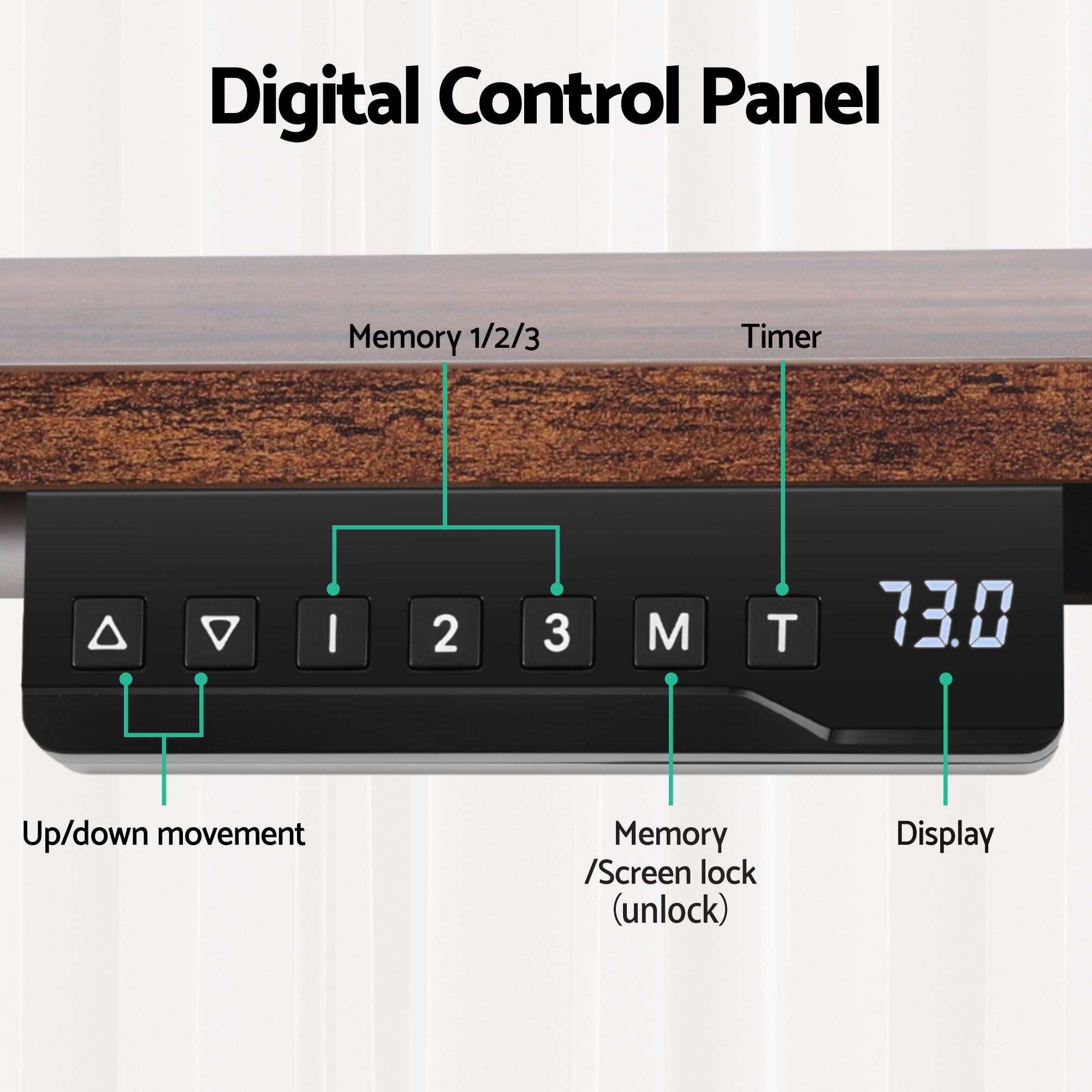Electric standing desk digital control panel with buttons and LED display on black housing