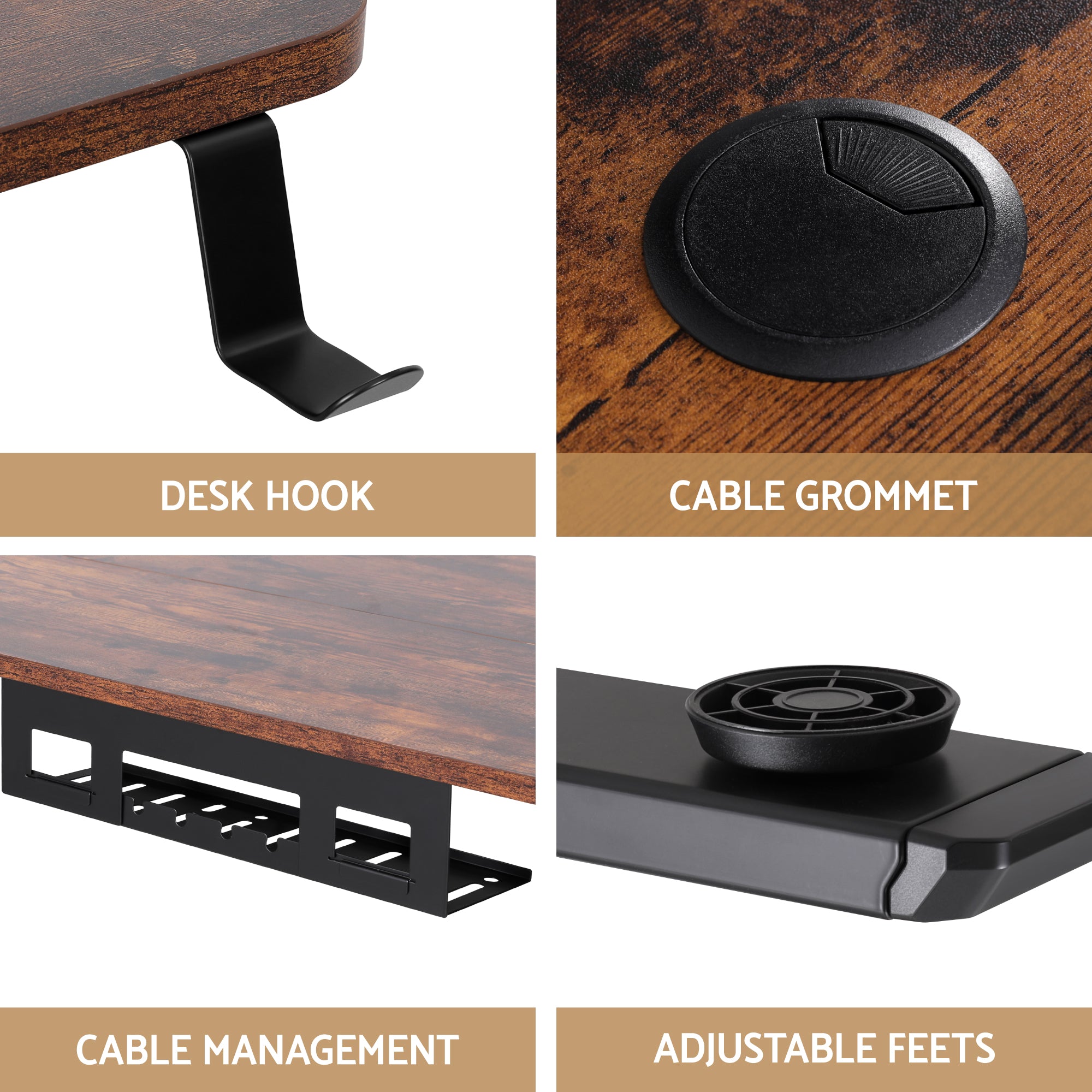 Standing desk accessories: desk hook, cable grommet, cable management tray, adjustable feet