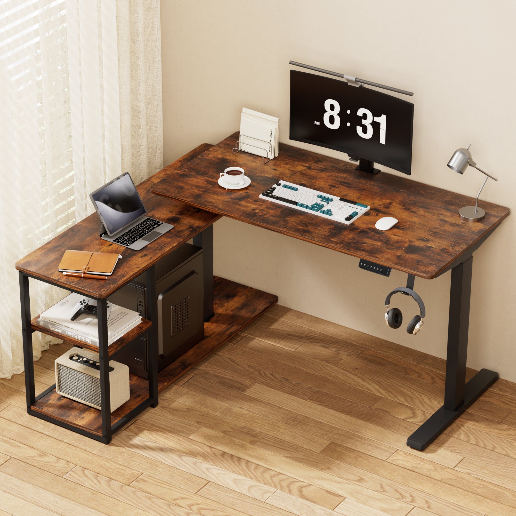 L-shaped electric standing desk with rustic brown top, black frame, and lower shelf in workspace