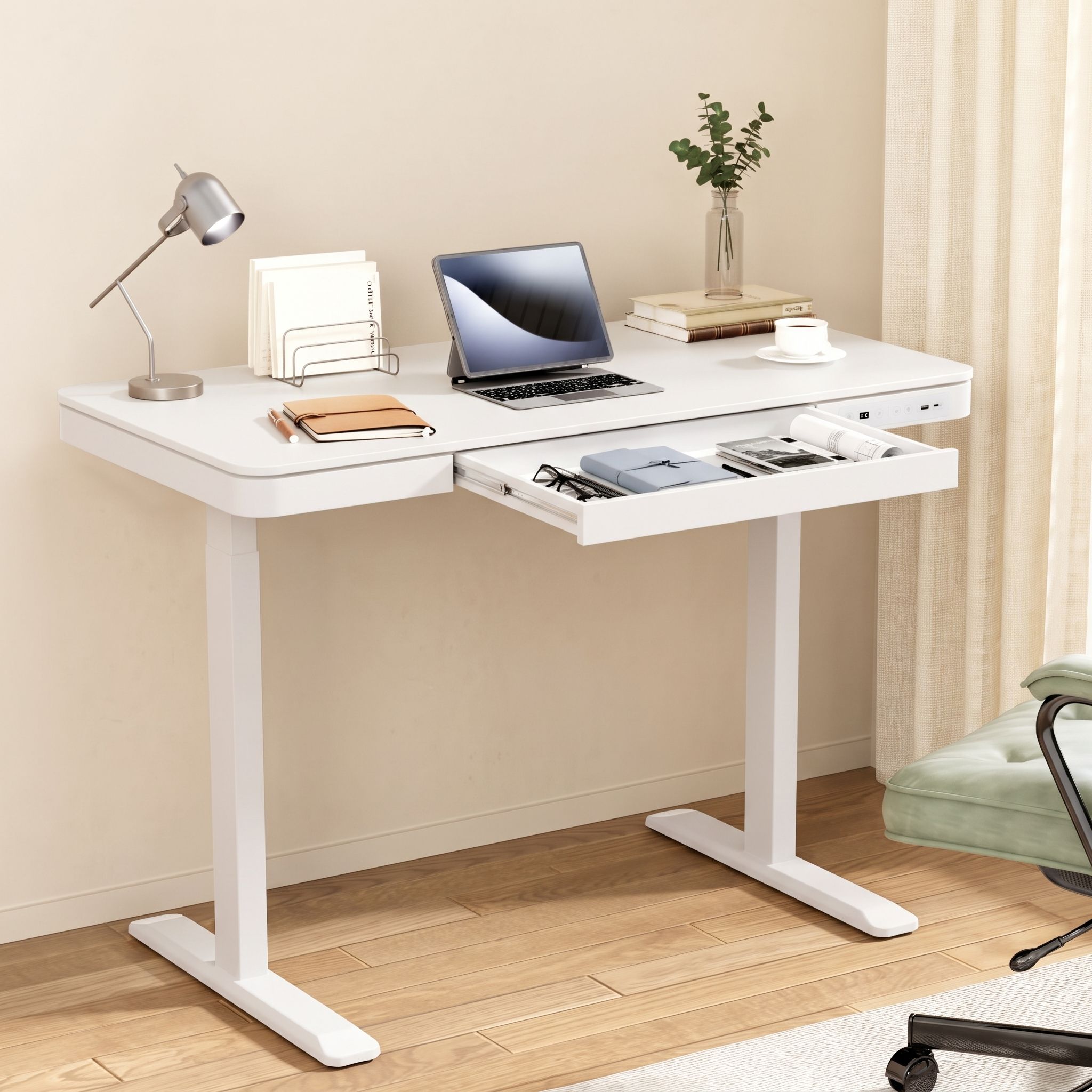 Artiss Standing Desk Motorised Electric Desks Drawer 120CM White Bedworld