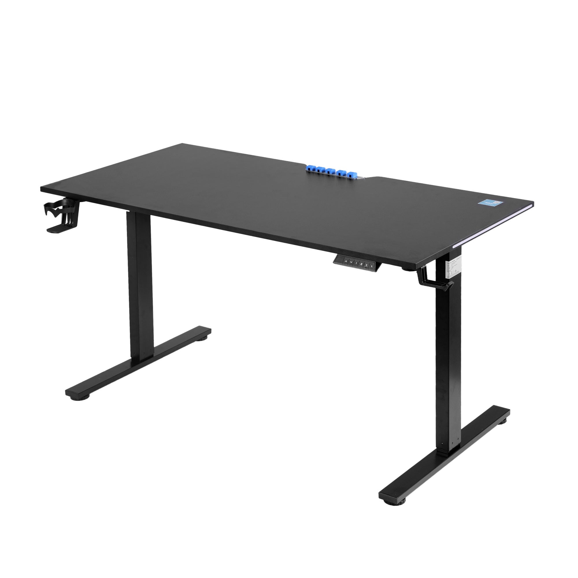 Black electric standing desk with wide desktop and T-leg height-adjusting frame