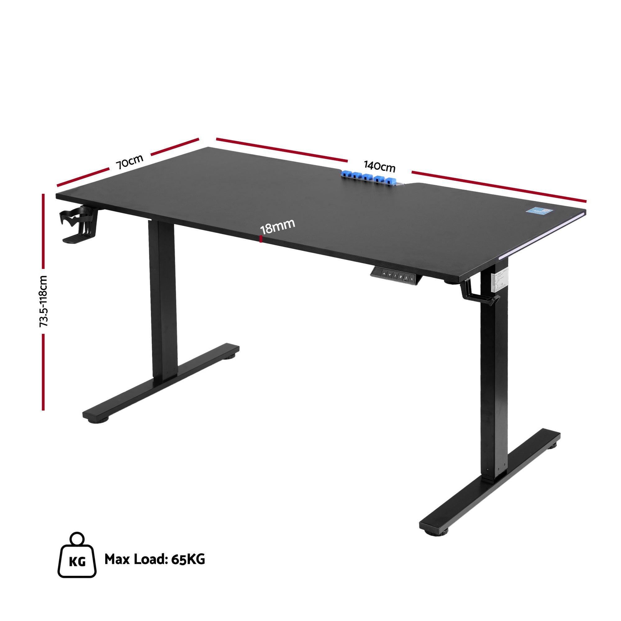 Black electric standing desk with adjustable legs and side control unit