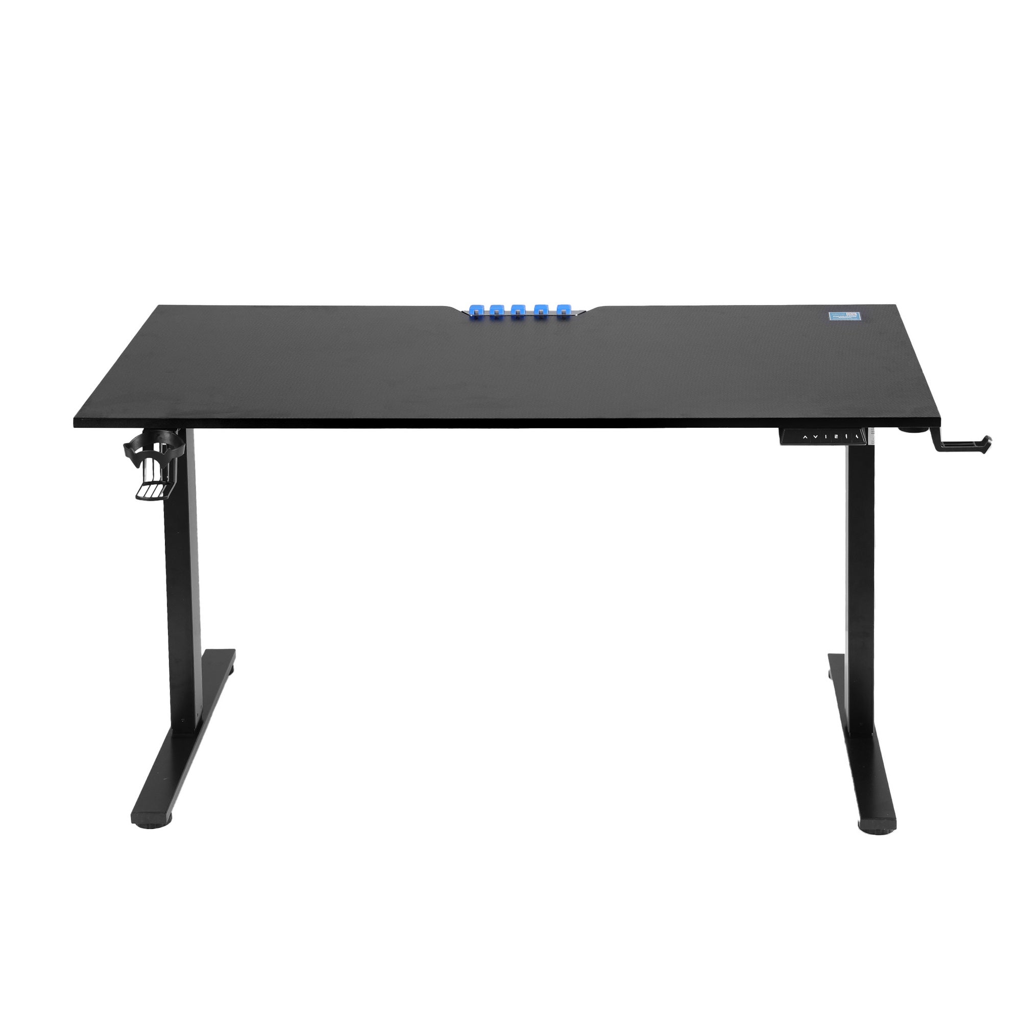 Black electric standing desk shown from side with lift legs and matte desktop