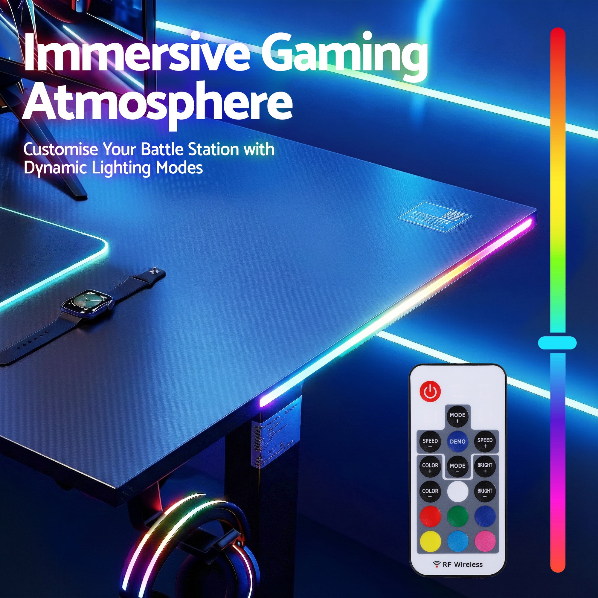 Corner of black electric standing desk with RGB lighting and wireless remote controller
