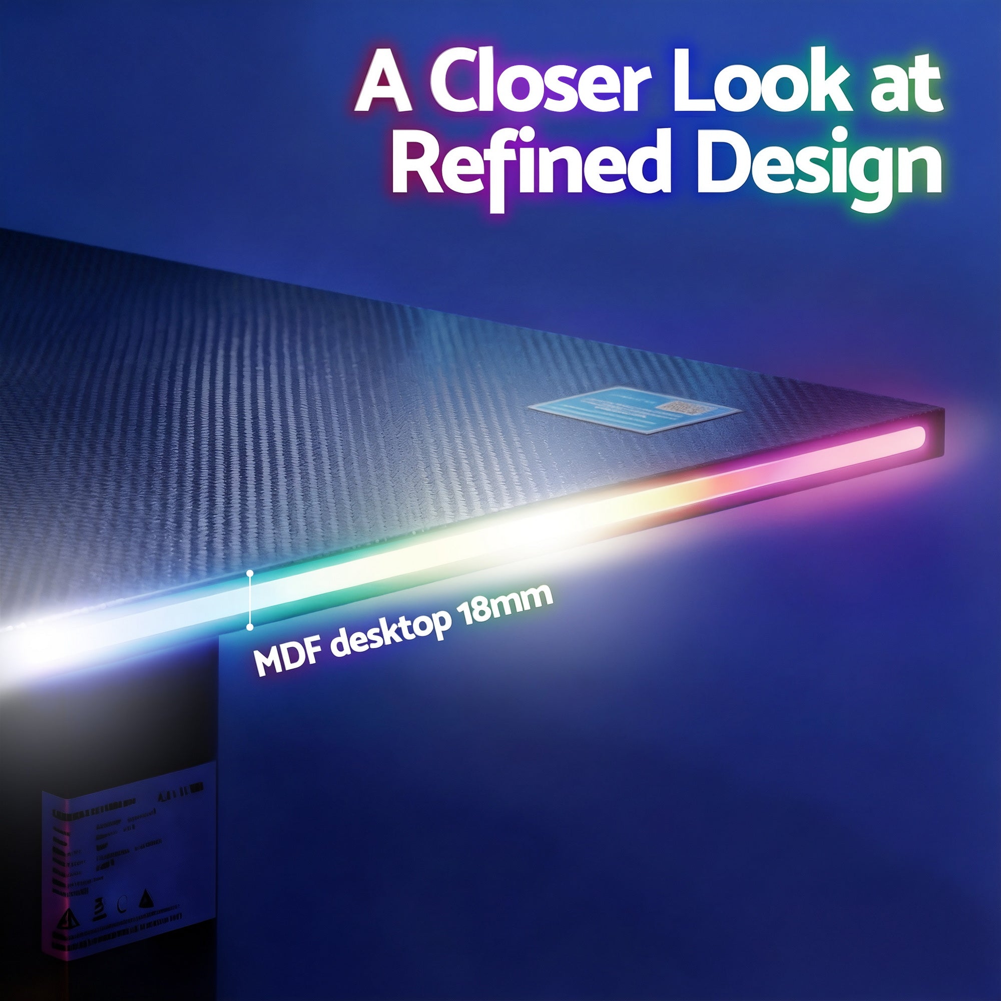 Black standing desk tabletop edge with underglow LED strip