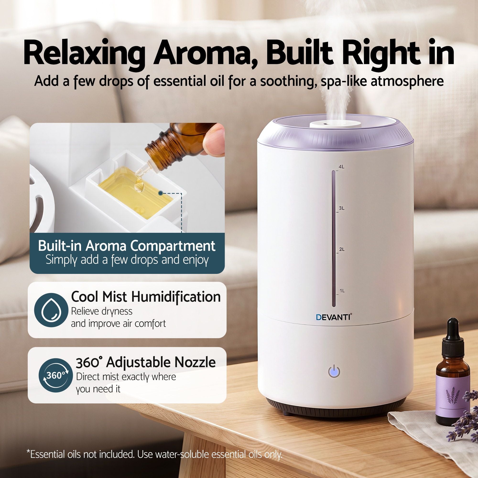 Devanti Ultrasonic Humidifier Aroma Diffuser Top Fill Quiet Bedroom 4L White Bedworld