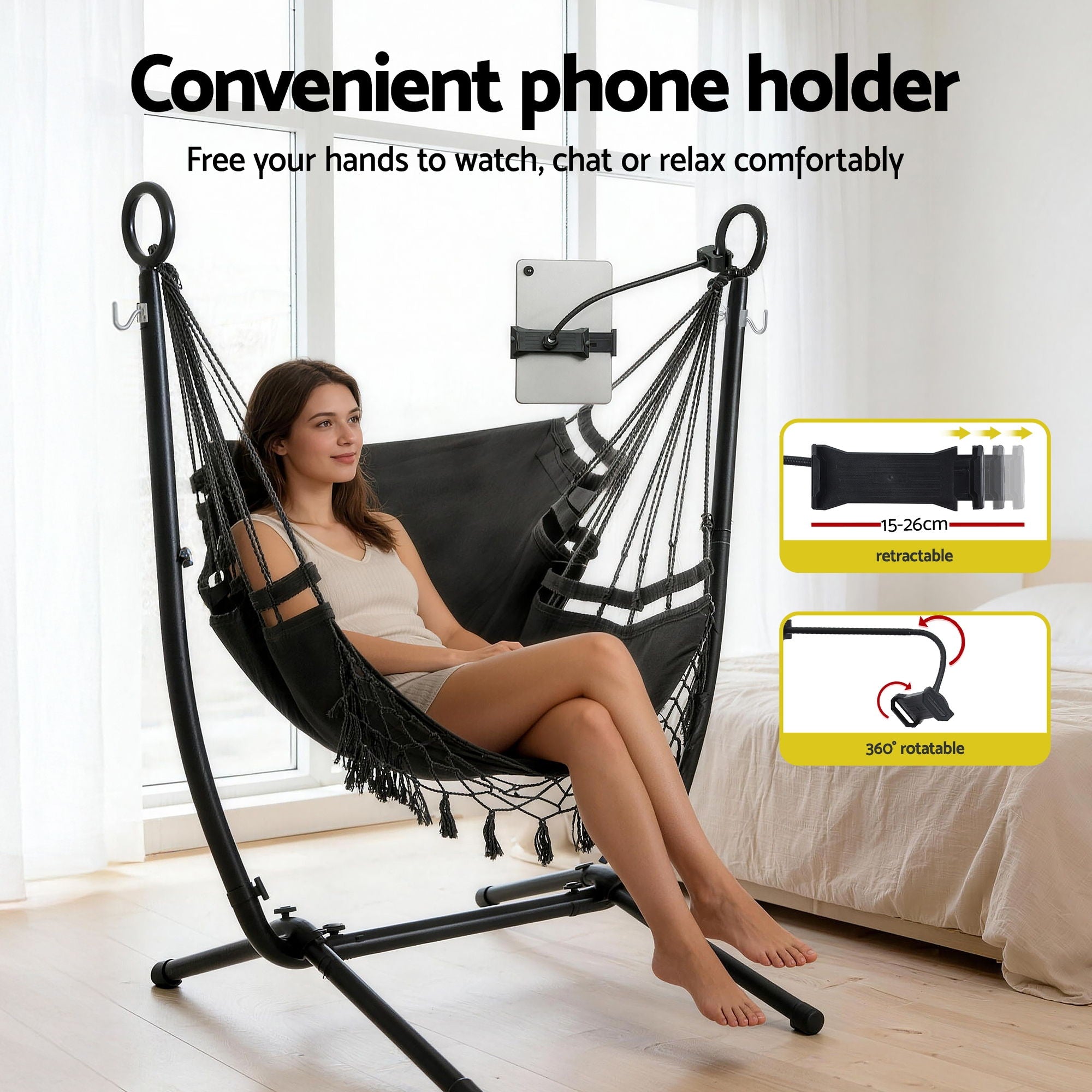 Gardeon Hammock Chair Stand Iron Frame w/ Phone Holder Black