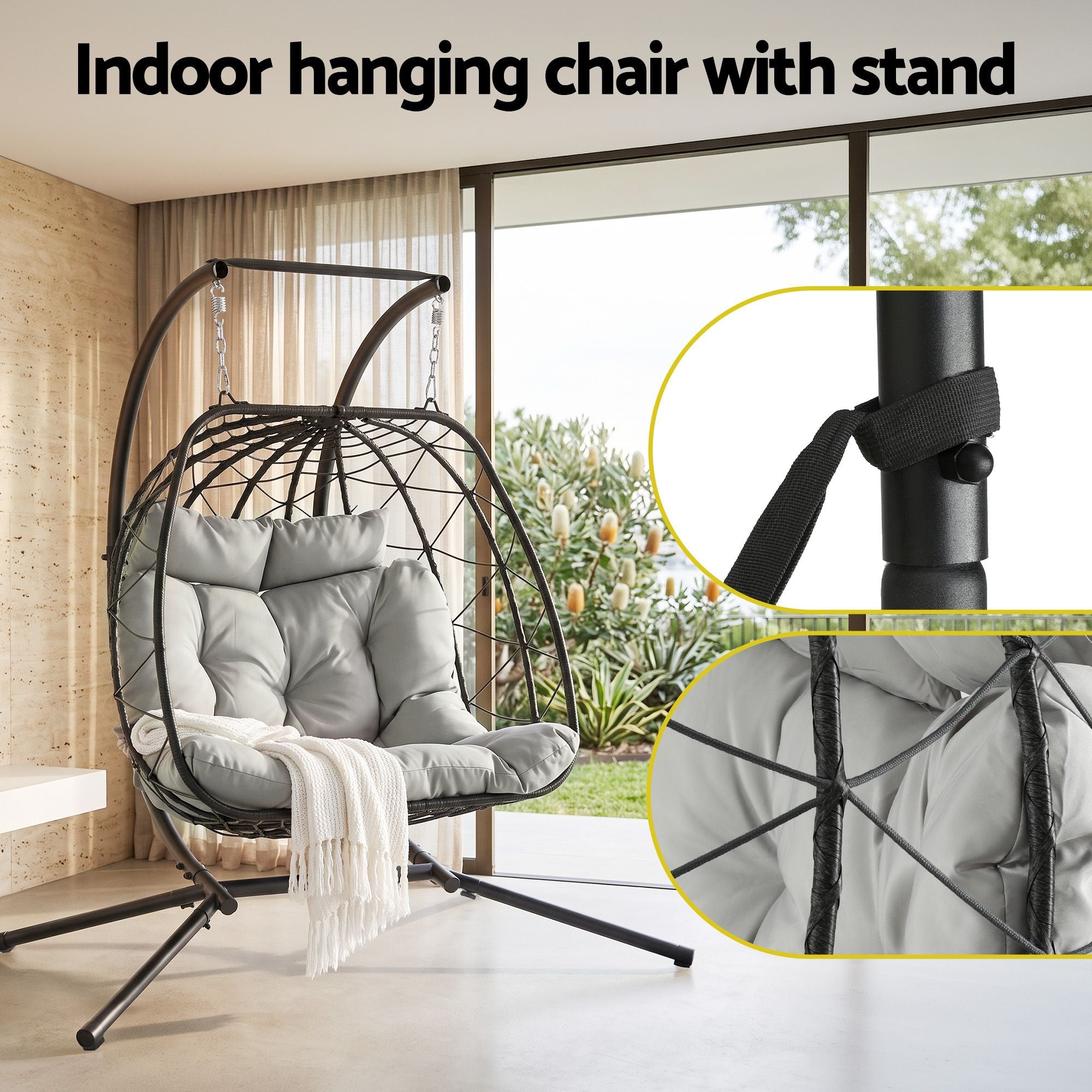 Gardeon Outdoor Swing Chair 2 Seater with Stand Cushion Rattan Patio Furniture Bedworld