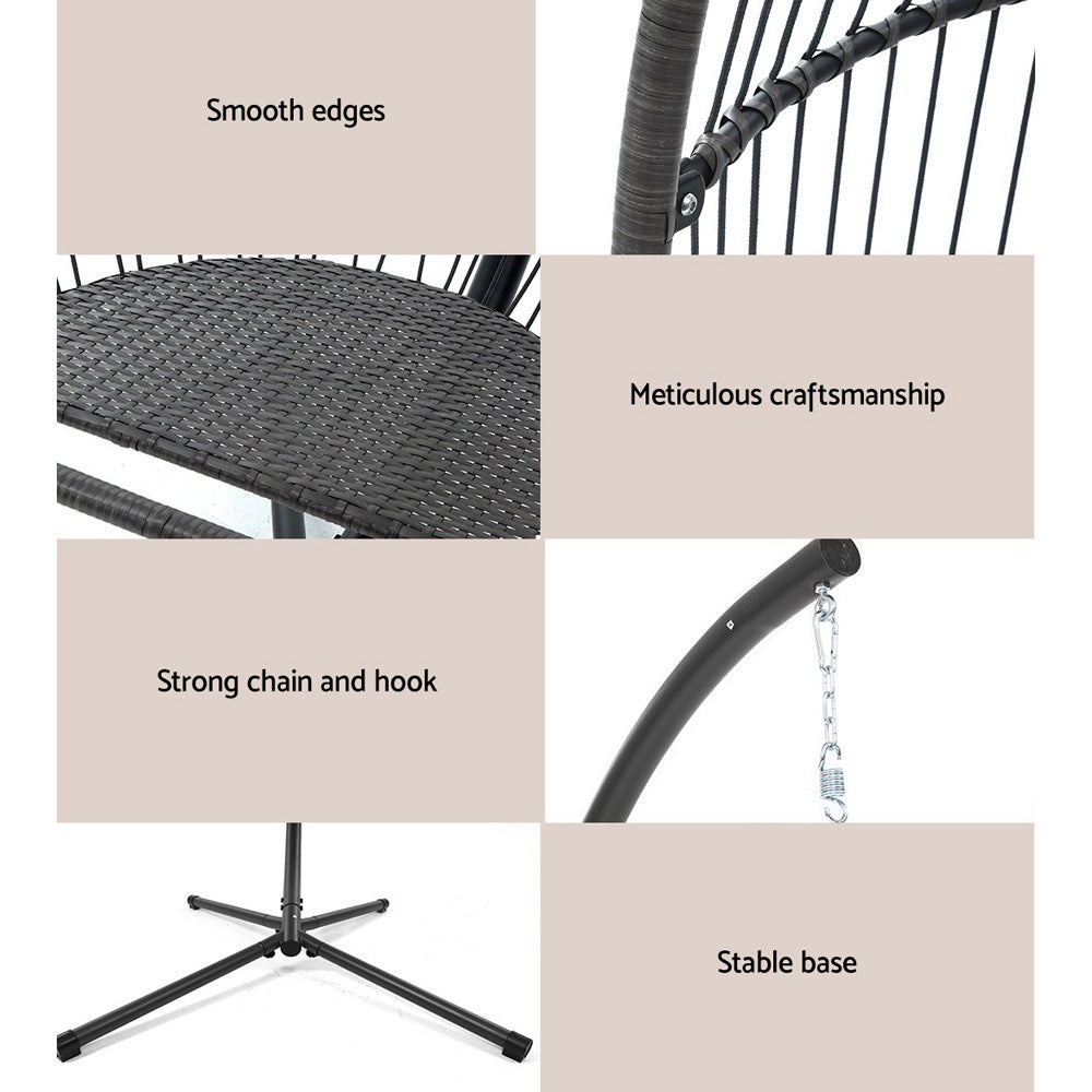 Egg swing chair details: woven seat, smooth edges, and stable cross base