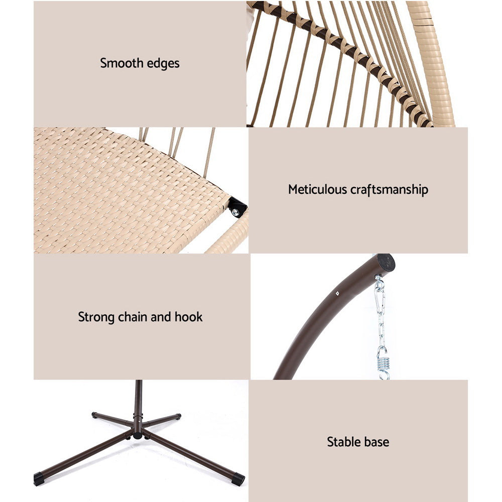 Wicker egg swing chair with smooth edges, chain-and-hook hanger, and stable stand
