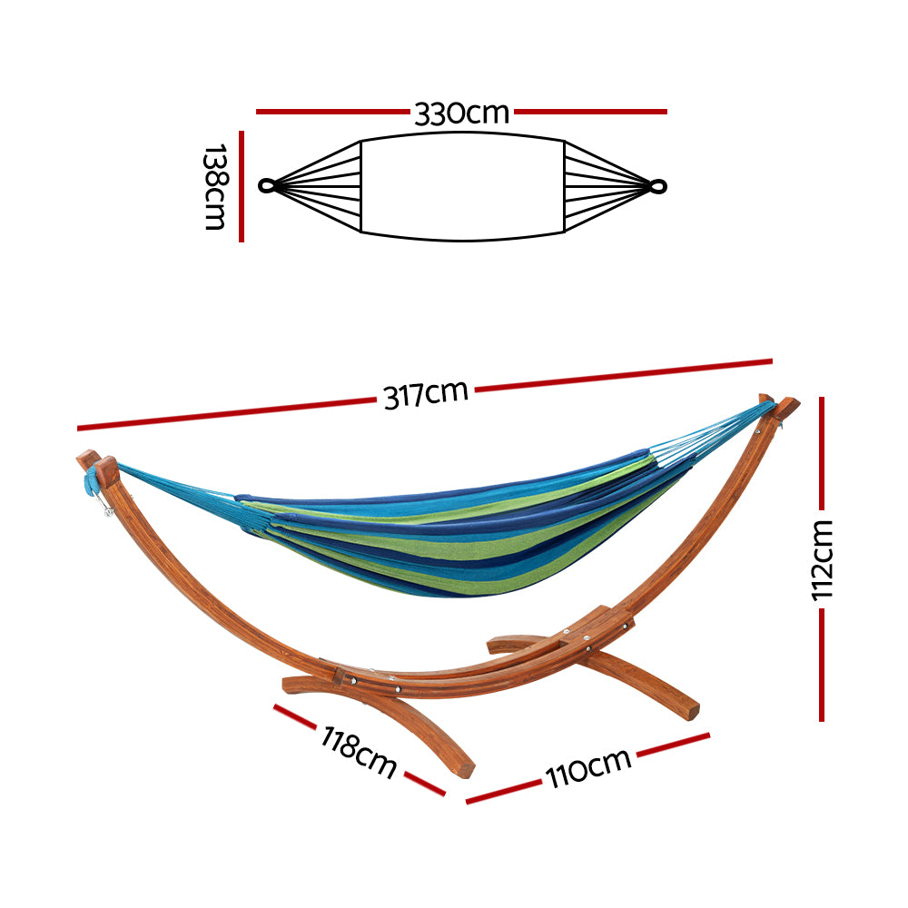 Hammock on a wooden curved stand with size diagram shown