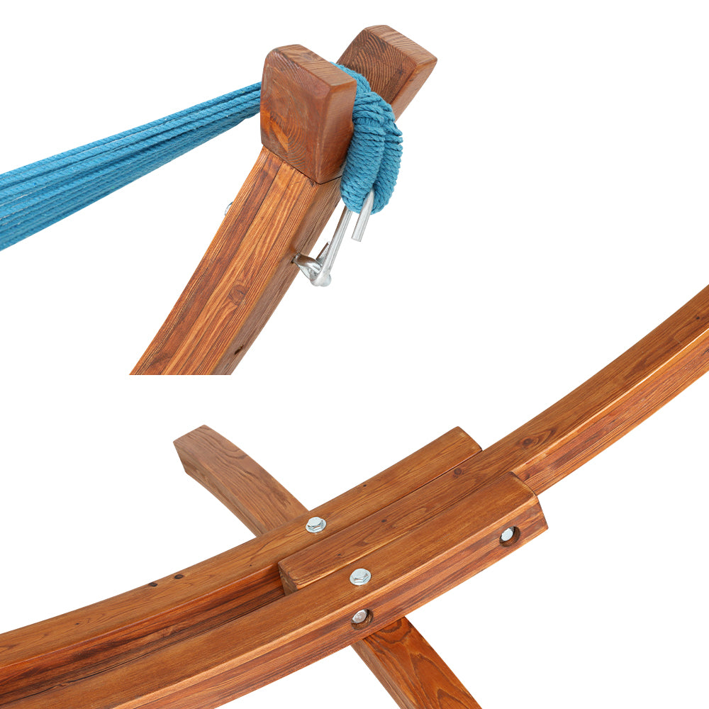 Wooden hammock stand with blue rope loop and fabric strap attachment