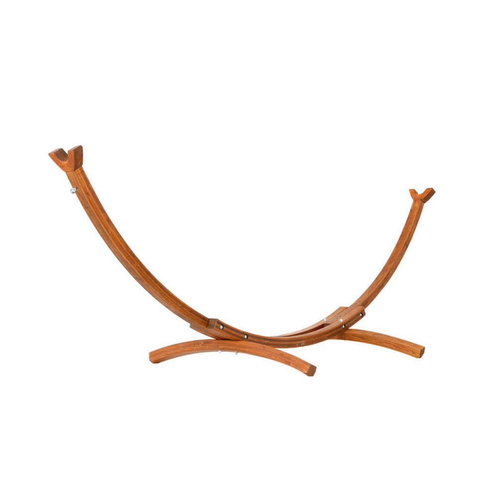 Larch wood hammock bed stand frame with curved supports and wooden cross base