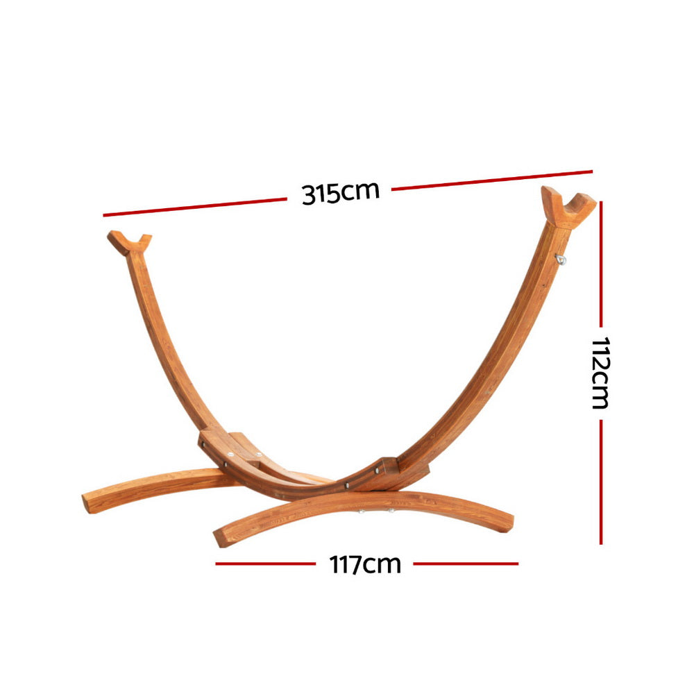 Larch wood hammock bed stand frame, curved arch with three-piece wooden base