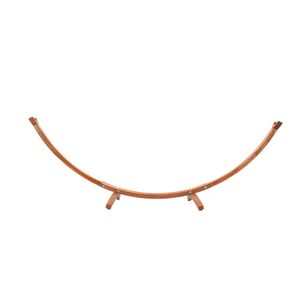 Larch wood hammock bed stand frame with long curved arms and small end blocks