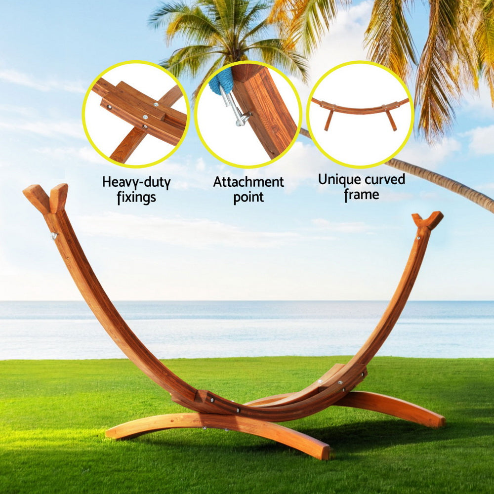 Larch wood hammock bed stand frame with heavy-duty curved arms and attachment points