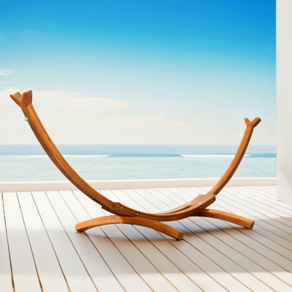 Larch wood hammock bed stand with two arched arms and slatted wooden base