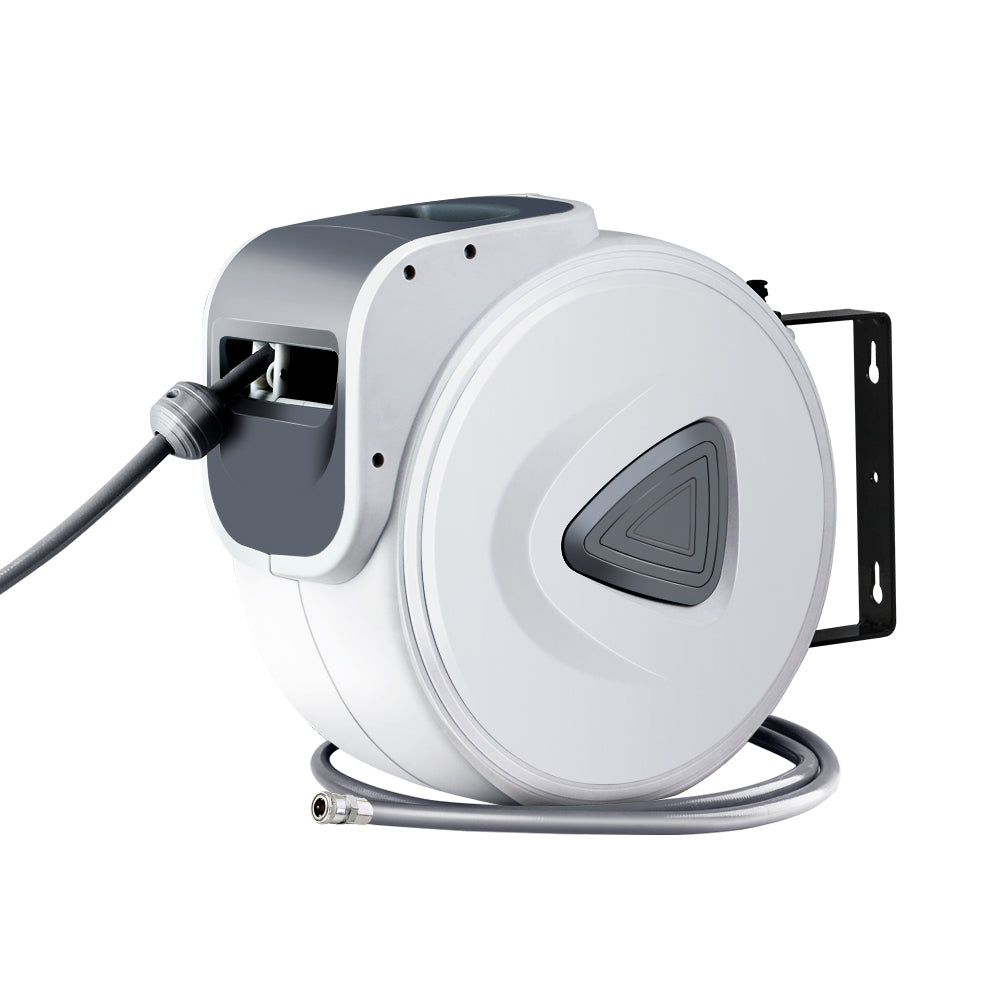 Retractable air hose reel with coiled hose, swivel outlet, and wall-mount bracket