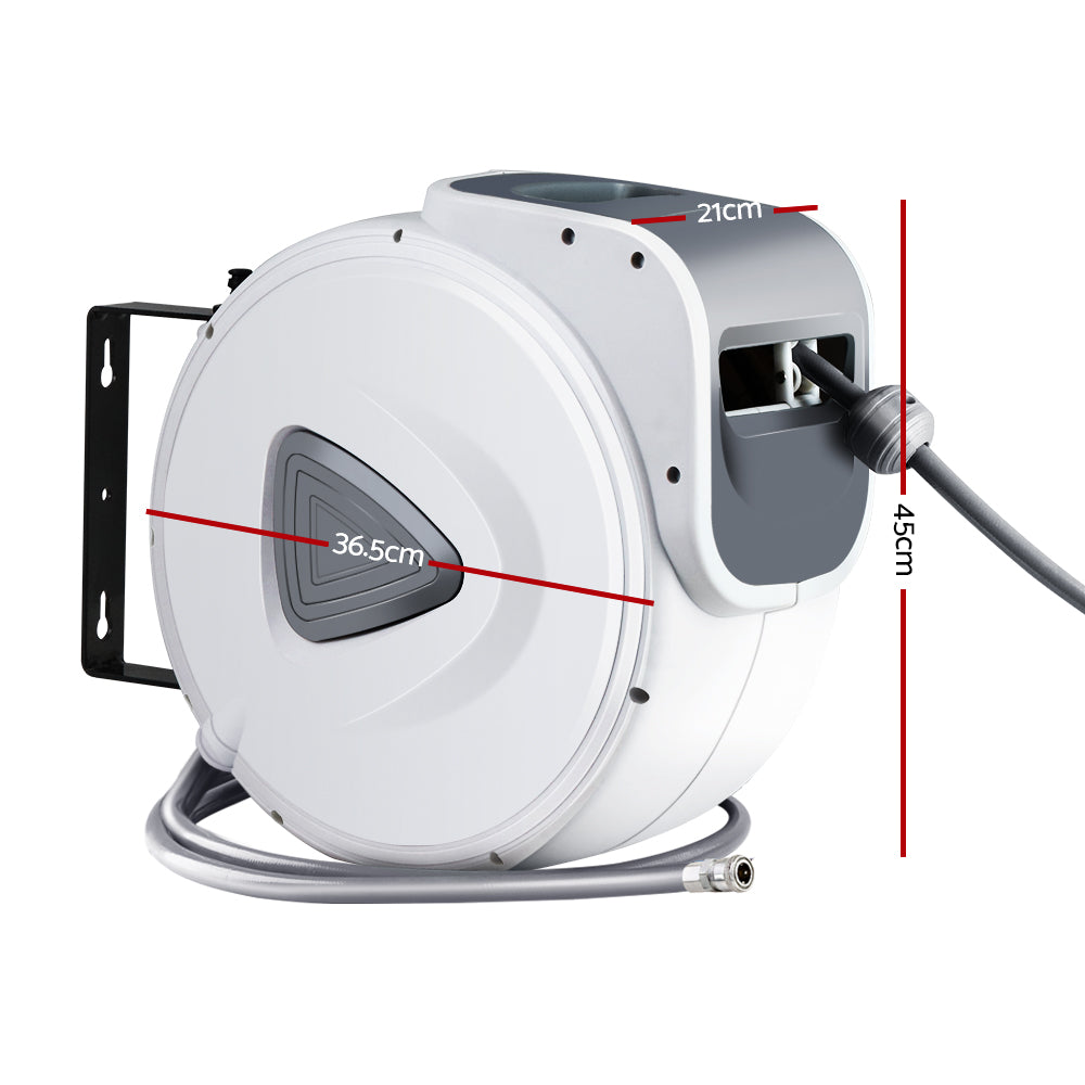 Retractable air hose reel with circular spool, swivel hose fitting, and wall bracket