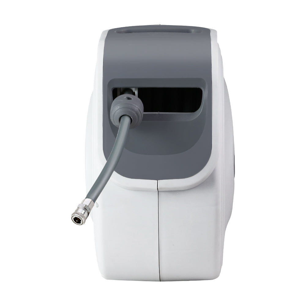Wall-mounted retractable hose reel housing with gray inlet hose connector