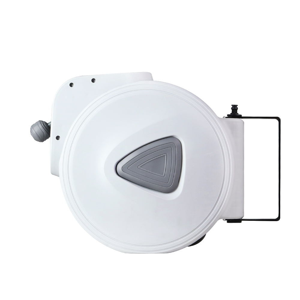 Retractable air hose reel with wall bracket, circular spool, and swivel hose inlet