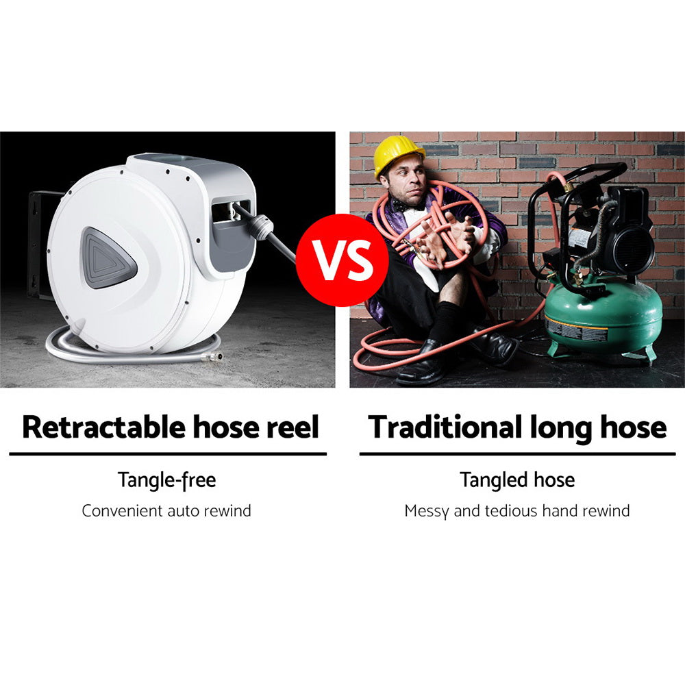 Retractable air hose reel unit with coiled hose and swivel connector