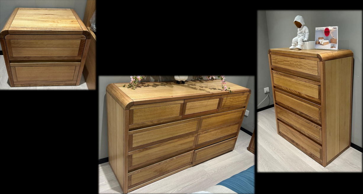 Wooden dresser shown in different settings with a person and a laptop.
