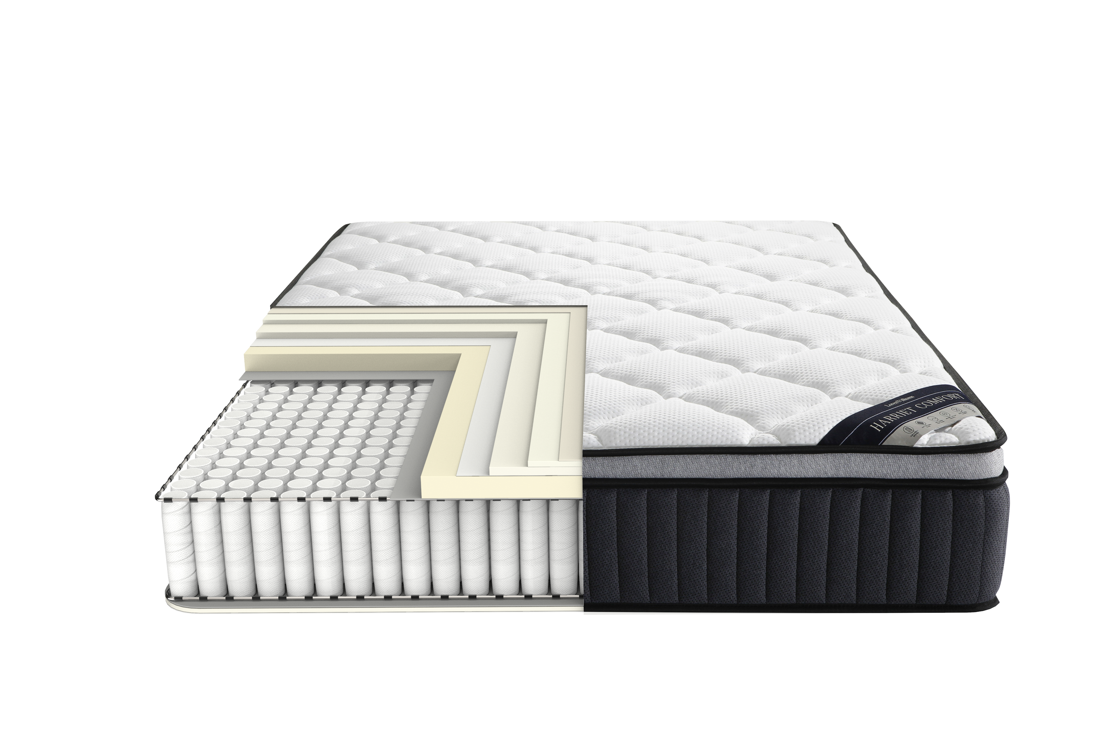 Comfort mattress with quilted top, visible coil layers, and black side border