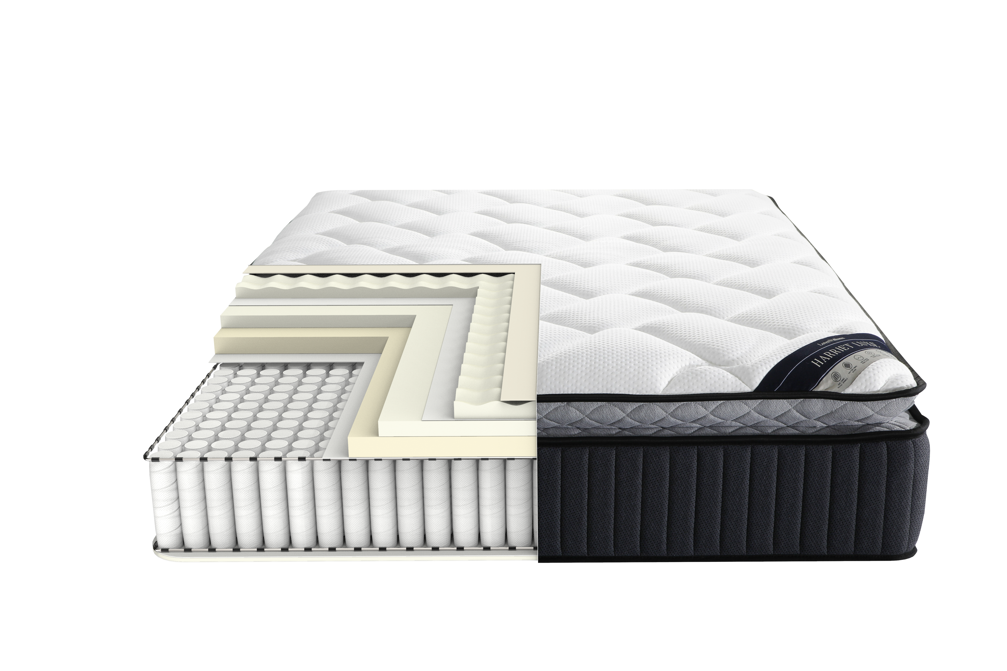Loren Williams Harriet Luxe mattress with layered cutaway, white comfort and dark base